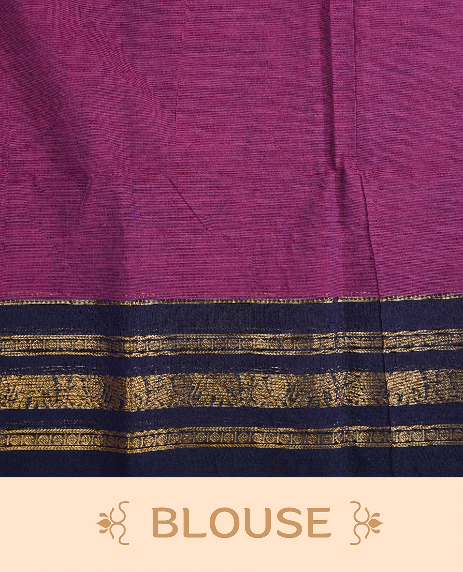 Pinkish Purple Colour Chettinad Cotton Saree Featuring a Plain Body, Complemented by a Navy Blue Colour with Gold Zari Border & Contrast Colour Striped Pallu, Paired with a Matching Blouse Piece.