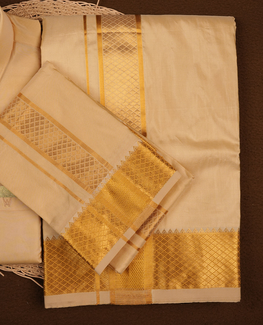 Medium Gold colour MINISTER WHITE shirt paired with a matching dhoti, finishing with a Gold border