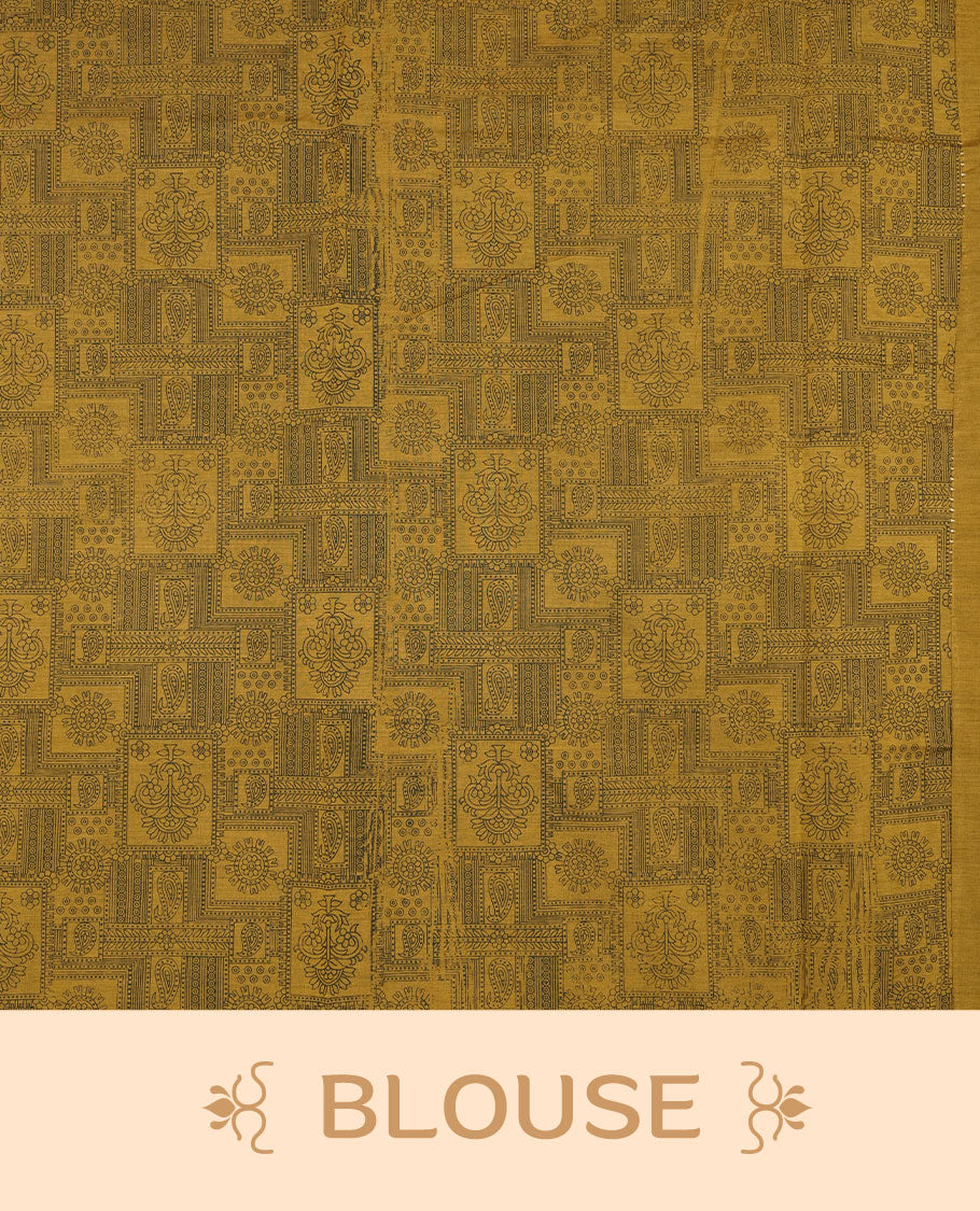 Dark Mustard Yellow Poly Cotton Saree with Black Zigzag Body Pattern, Matching Pallu in Black Chevron Lines & Panelled Floral-Paisley Design, and Coordinated Floral Paisley Printed Blouse Piece.