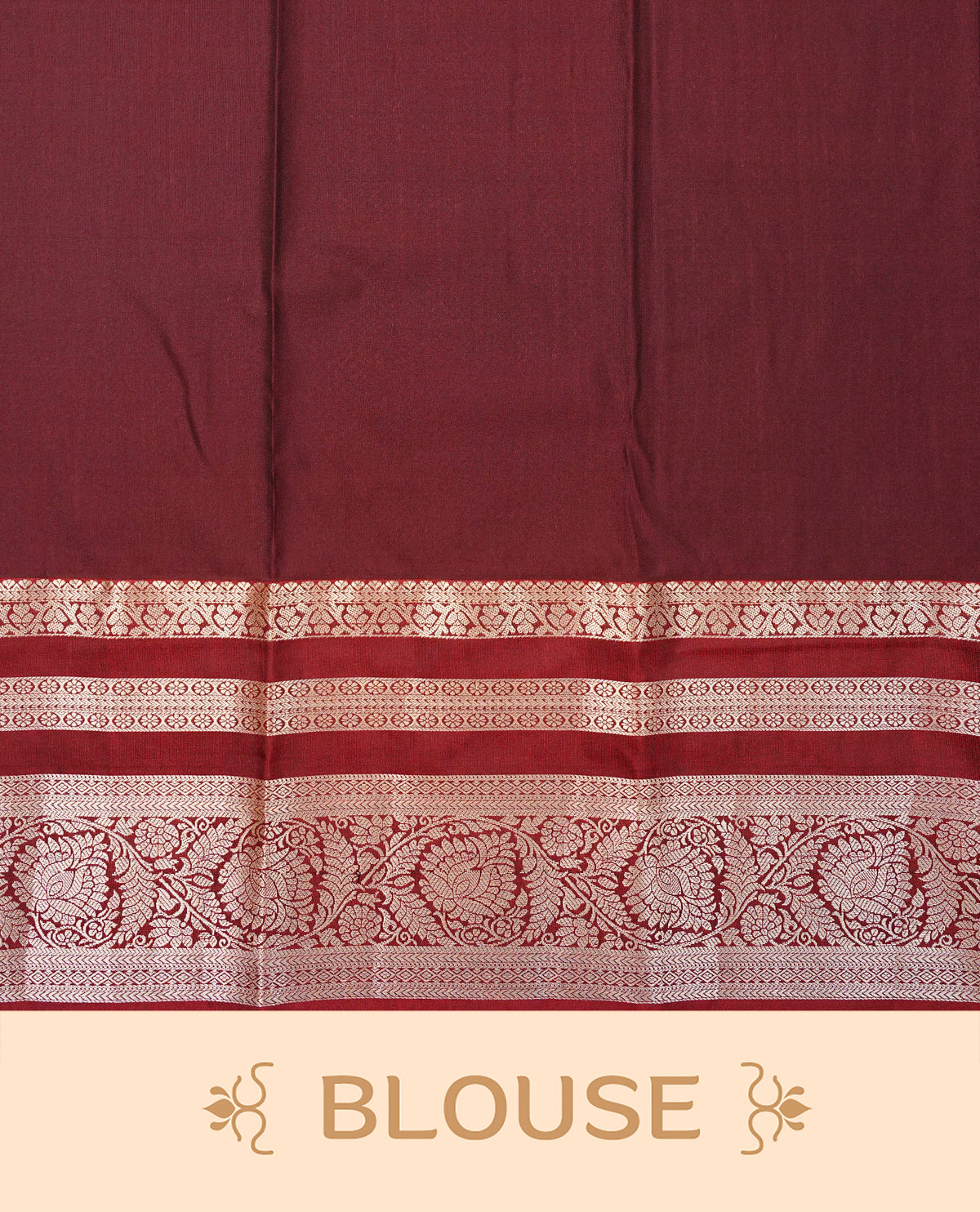 Rust orange colour semi wedding saree featuring gold zari box with check pattern with motifs across the body, complemented by contrast brown colour traditional border. Comes with a matching blouse piece.
