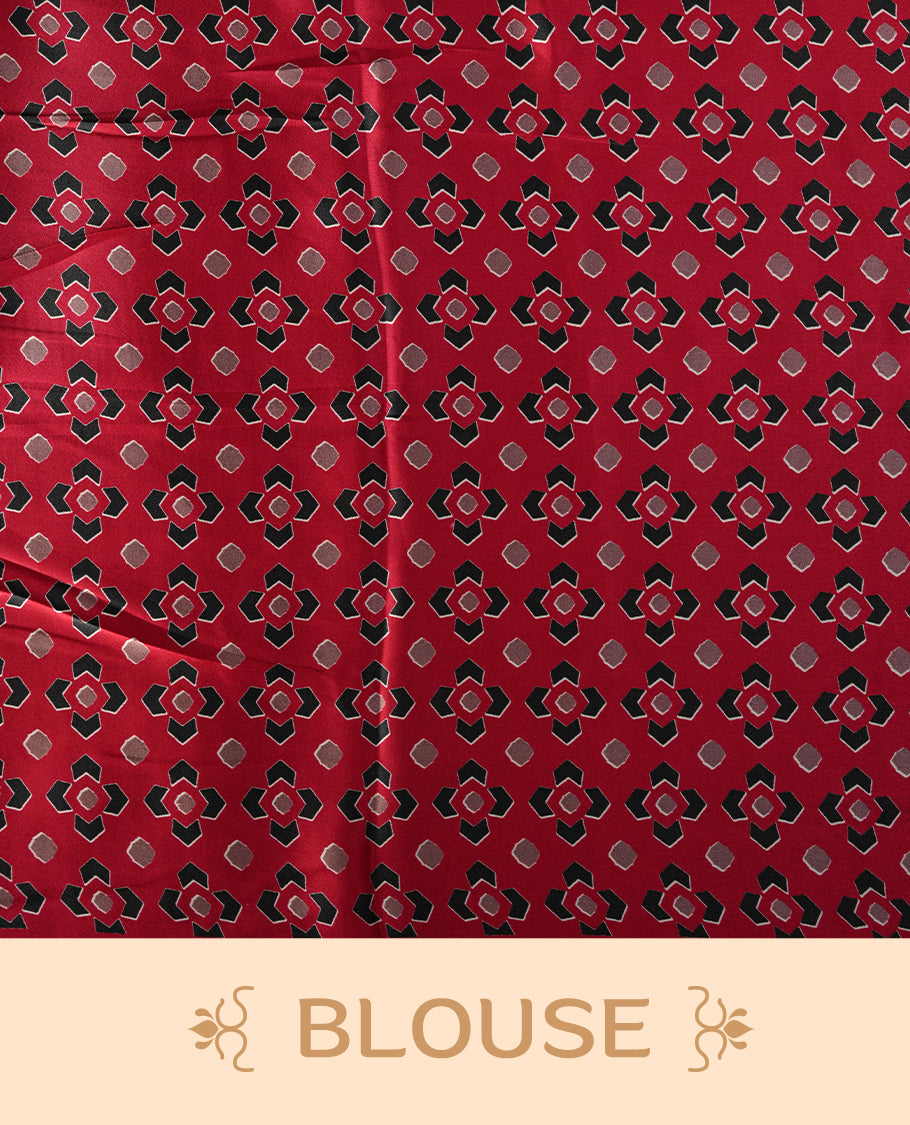 Black colour striped saree highlighted with a bold maroon border, featuring a striking pallu adorned with off white triangular patterns and intricate mandala style embroidery & Paired with a matching blouse.