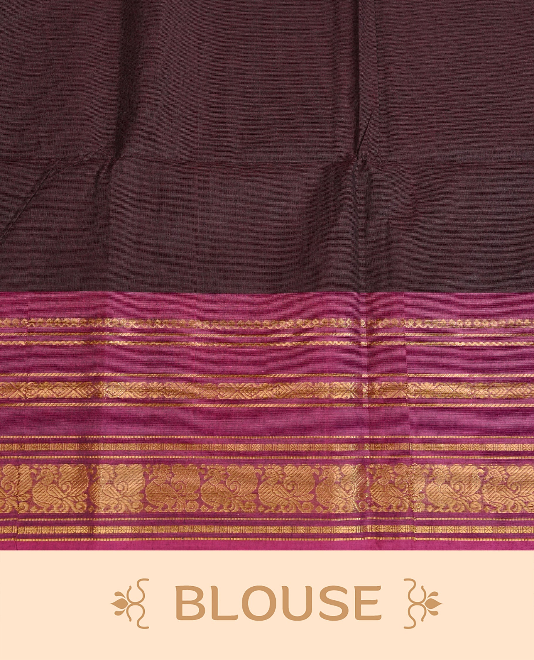 Dark Brown colour chettinad cotton saree featuring elegant plain body, Contrast Magenta colour with Gold zari border, comes with matching blouse piece.