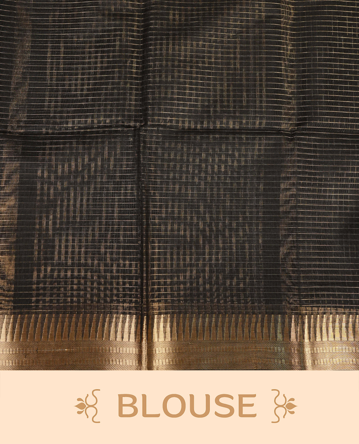 Black colour Maheshwari cotton saree, gold zari small checks on body, complement self colour gold zari temple design border comes with matching blouse.