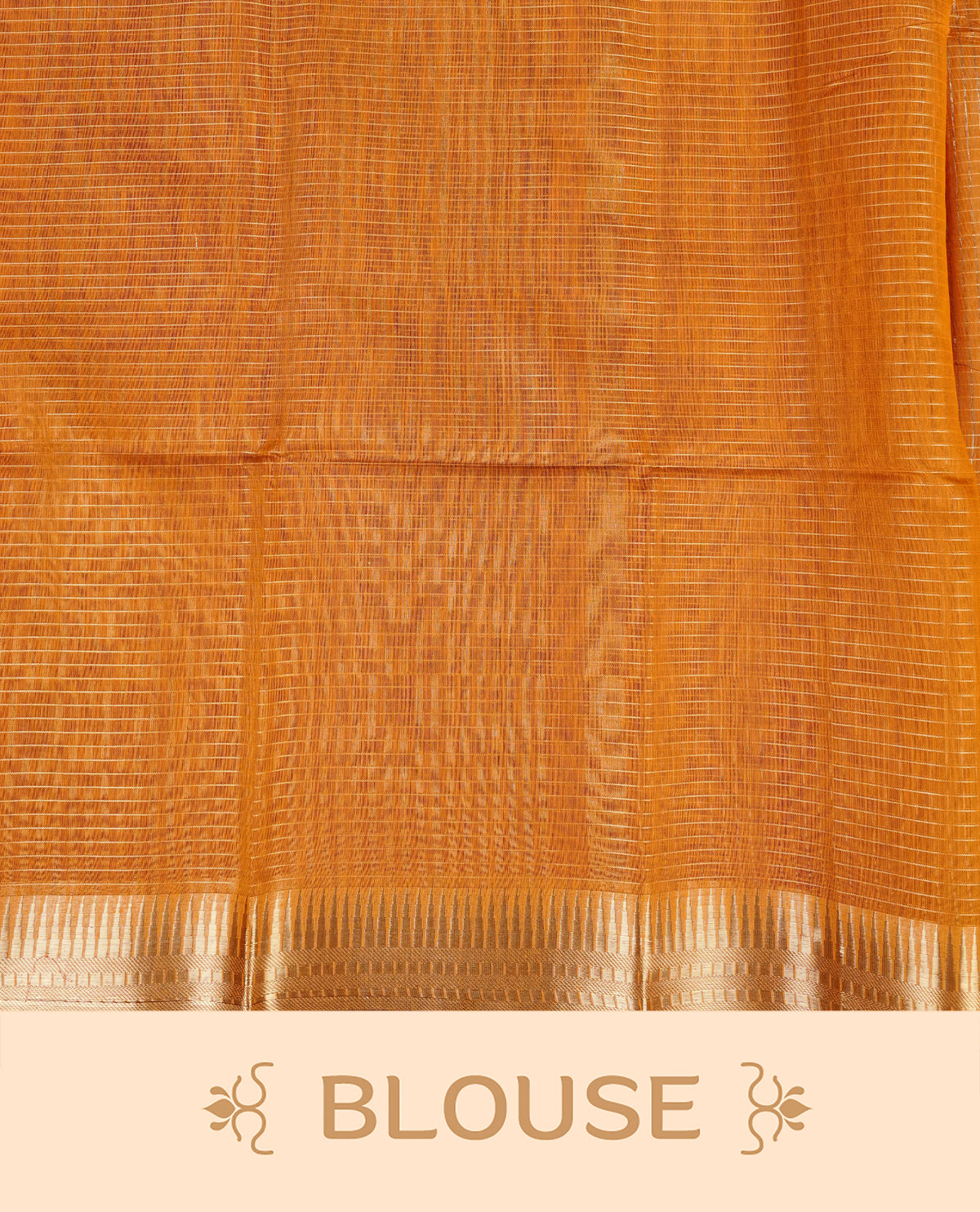 Mustard yellow colour Maheshwari cotton saree, gold zari small checks on body, complement self colour gold zari temple design border comes with matching blouse.