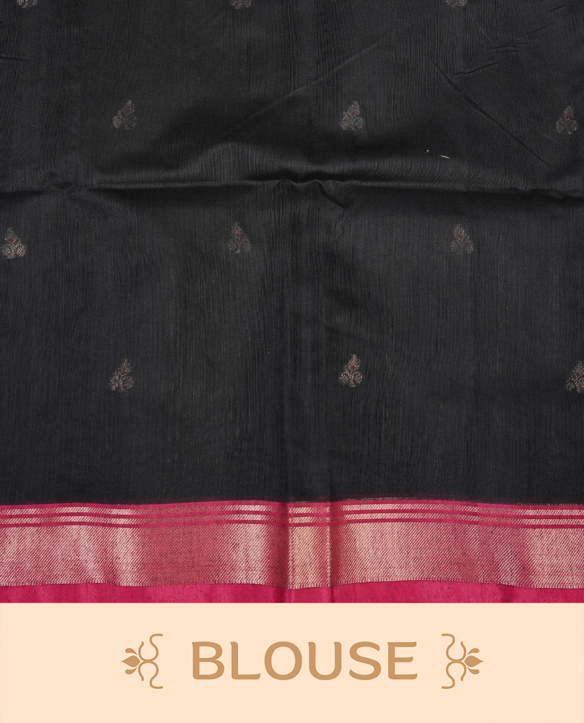 Black colour Maheshwari cotton saree, gold zari floral motifs on body, complement light pink colour gold zari border comes with matching blouse.