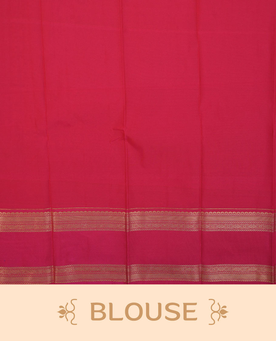 Cream colour semi silk saree highlighting gold zari strip pattern and motifs across body, featuring contrast pink colour border with gold zari pattern, comes with matching blouse .