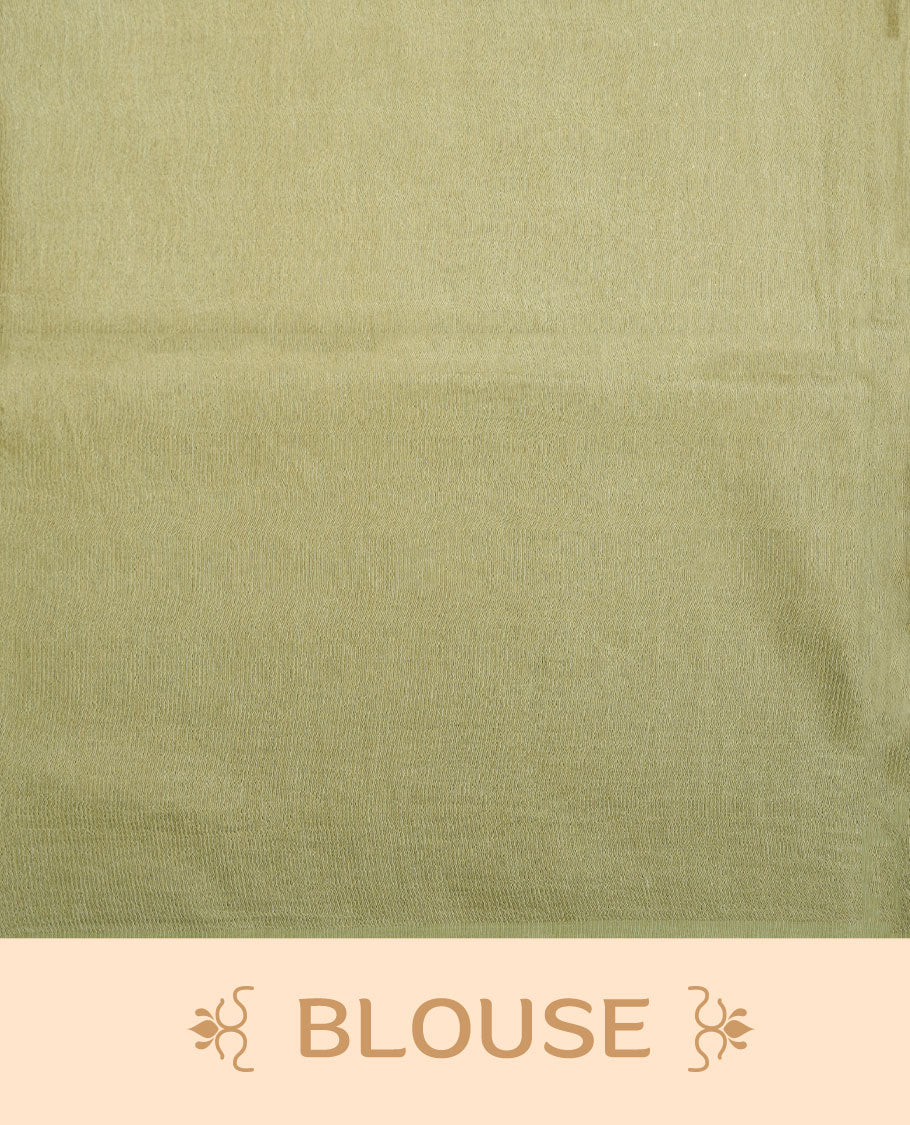 Pastel green colour semi jute saree highlighting white thread motifs on body, without border and paired with matching blouse.