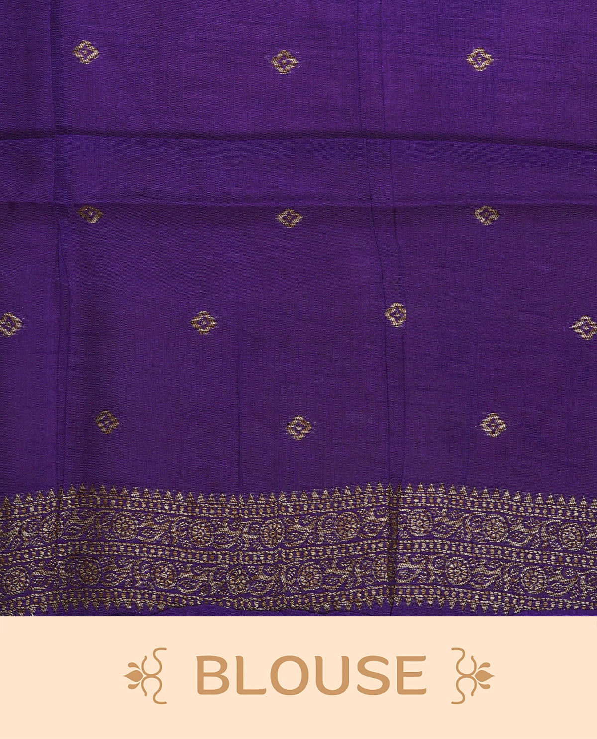 Violet colour semi banaras tussar georgette saree featuring gold zari check with motifs on body, no specific border and paired with matching blouse piece.