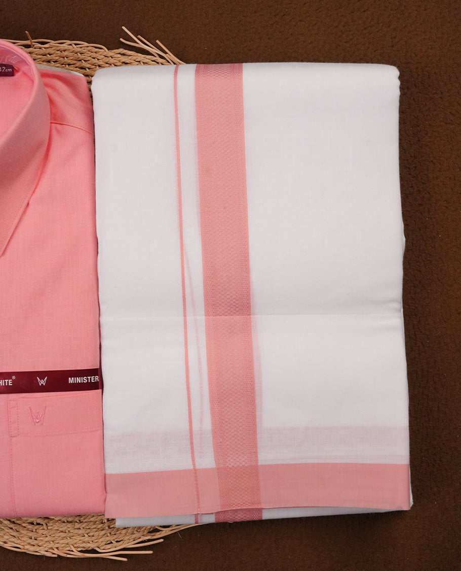 Candle light pink Colour MINISTER WHITE shirt paired with a matching dhoti, finished with a candle lightPink colour border.