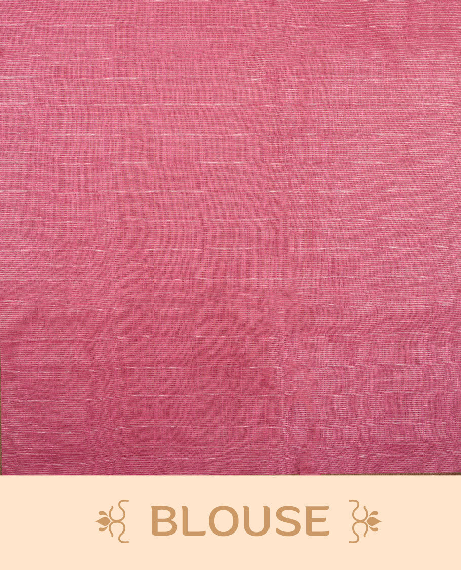 Light onion colour semi jute saree highlighting gold zari striped body, without border and paired with matching blouse.