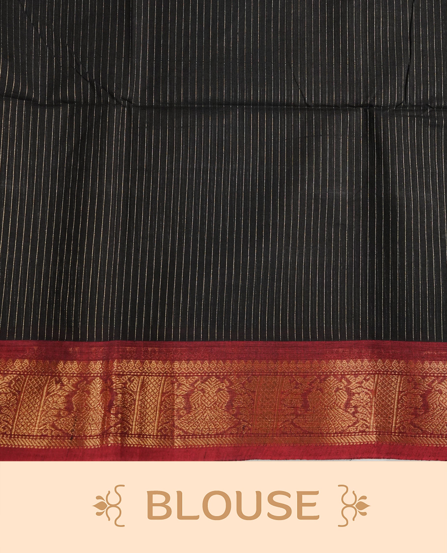 Black colour chettinad cotton saree Featuring Gold zari Strips on body, complemented by contrast Maroon colour with zari border, comes with matching blouse piece.