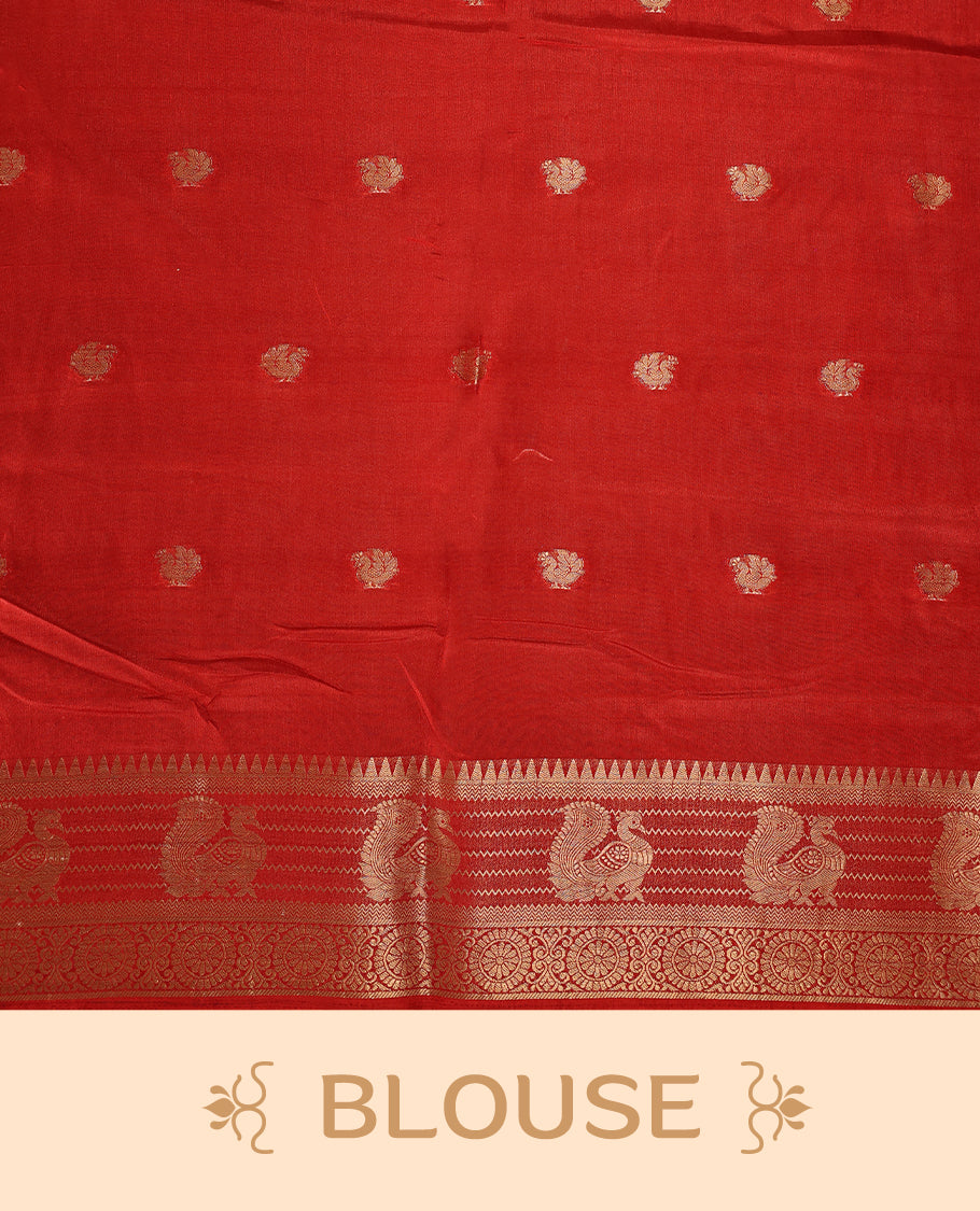 Cream and yellow colour saree featuring a rich red zari woven border and pallu, adorned with traditional floral motifs, and paired with a matching blouse
