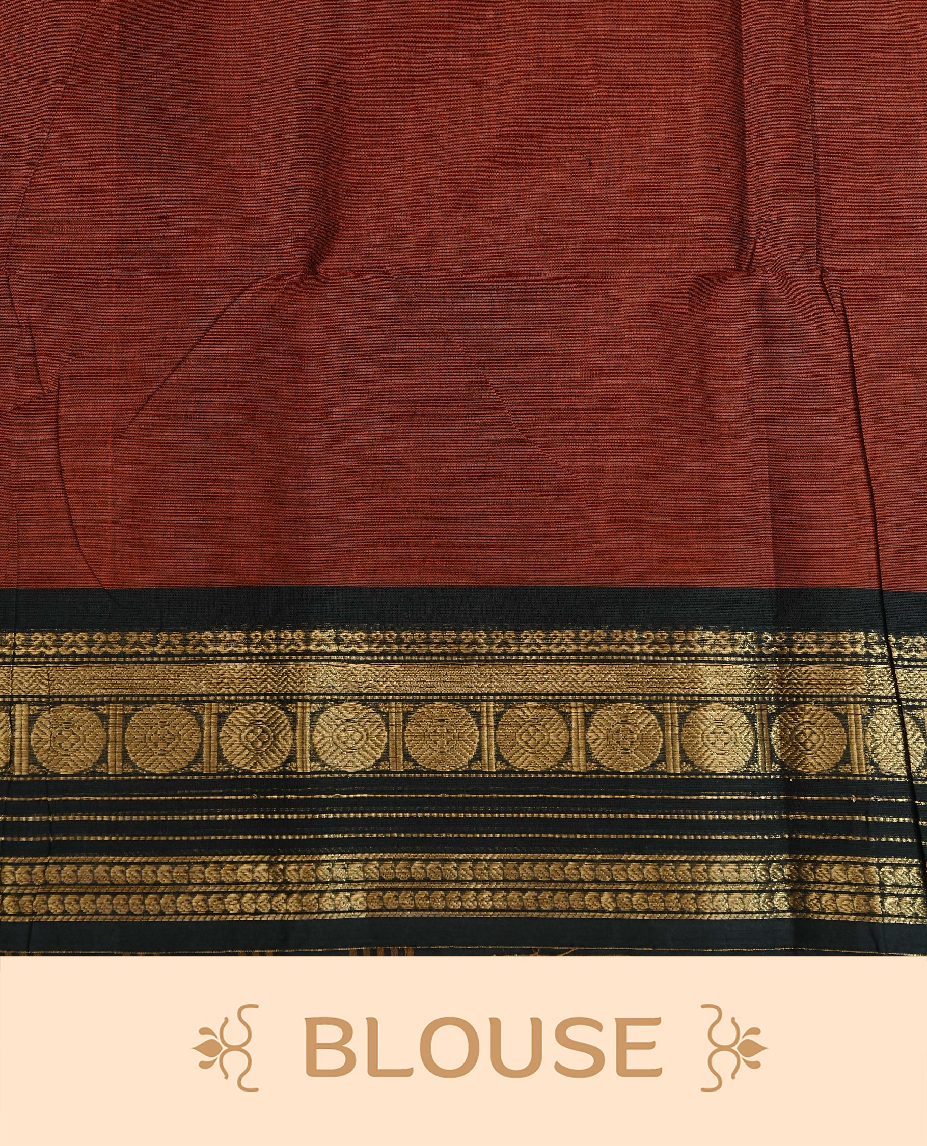 Maroon colour chettinad cotton saree featuring Elegant plain body, complemented by contrast Black colour with gold zari border, comes with matching blouse piece.
