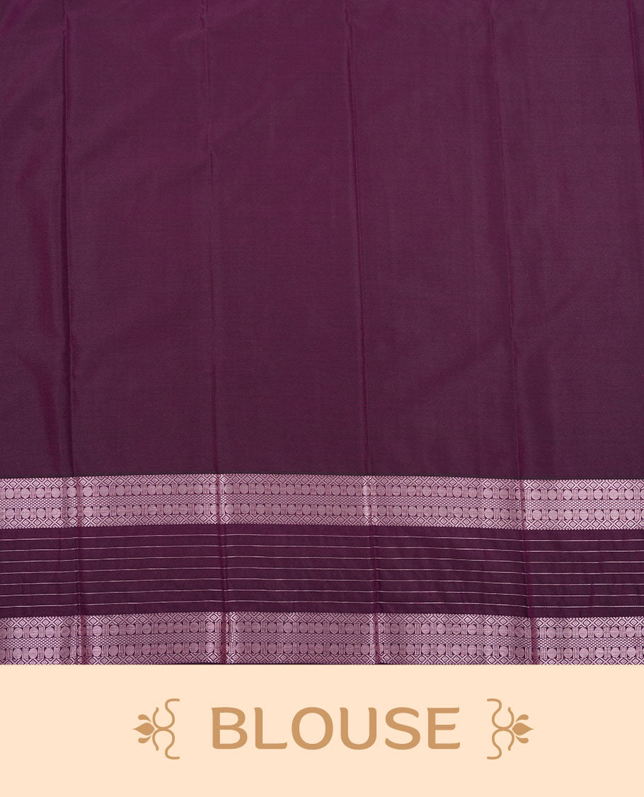 Lavender colour soft silk saree featuring rose Gold zari check & motifs on body, complemented by contrast purple colour with traditional border, paired with matching blouse piece.