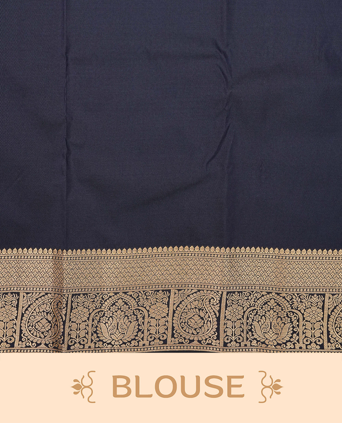Navy blue colour semi wedding saree featuring gold zari check pattern with motifs on body, complemented by self colour With Traditional border, comes with matching blouse piece.