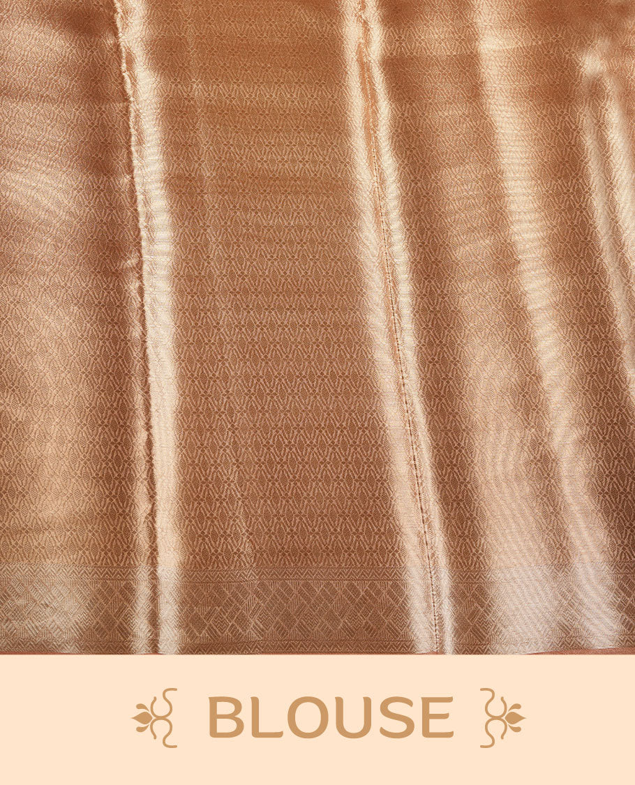 Dark Gold colour Pure banaras tissue silk saree featuring Silver zari brocade design across body, with contrast peach colour with gold zari brocade border, finished with a matching blouse.