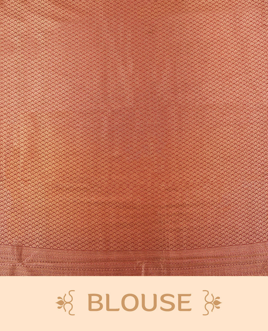 Brick red colour semi silk brocade saree featuring intricate Gold Diamond patterns across the body, complemented by a contrast Brown colour woven border and pallu, paired with a matching blouse.