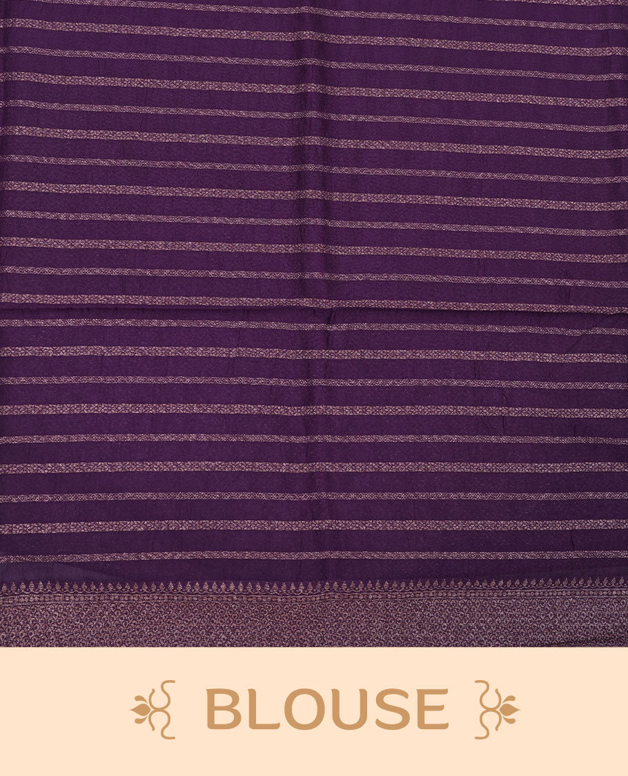 Deep Purple colour semi banaras tussar georgette featuring gold zari leaf pattern across body, finished with gold zari border and paired with matching blouse.