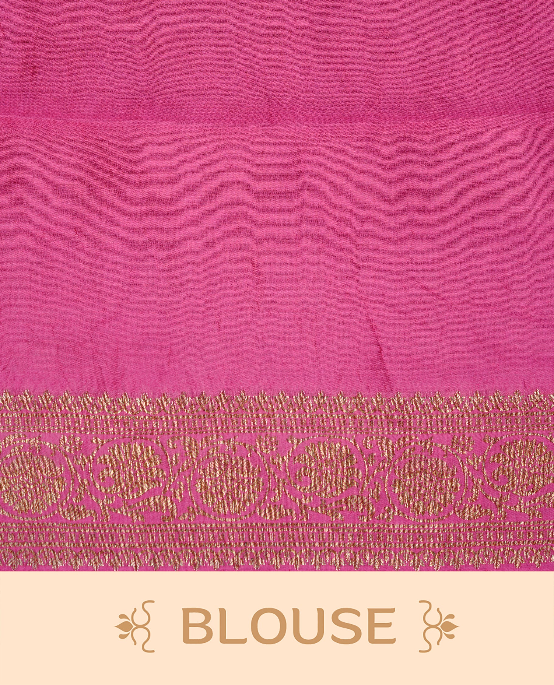 Teal colour pure tussar Banaras silk saree featuring intricate gold zari motifs across the body, enhanced with a contrast Magenta floral kodi zari border for a rich traditional look. Comes with a matching blouse piece.