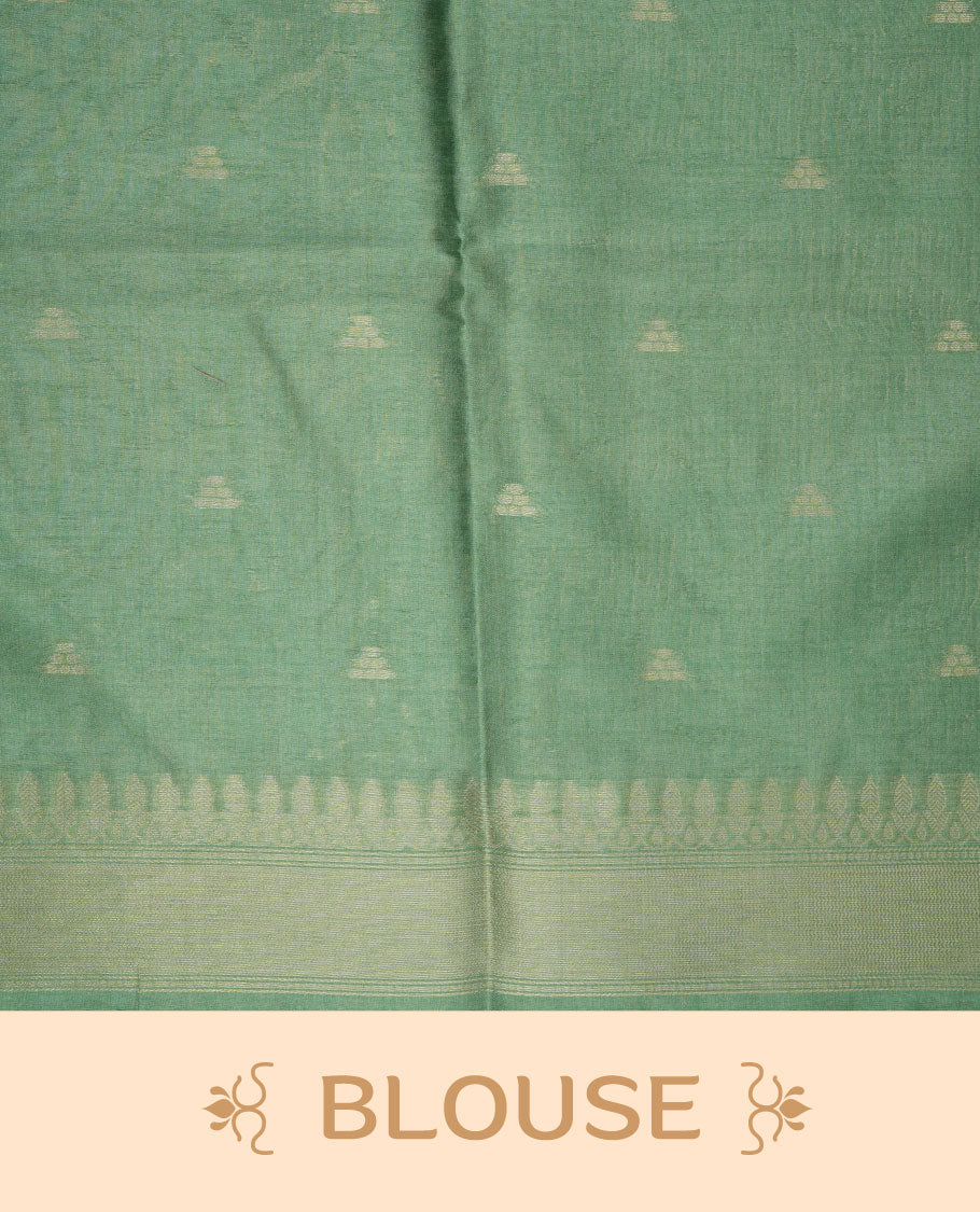 Green colour semi tussar silk saree, featuring an intricate gold zari floral kodi pattern on the body and pallu, comes with matching blouse.
