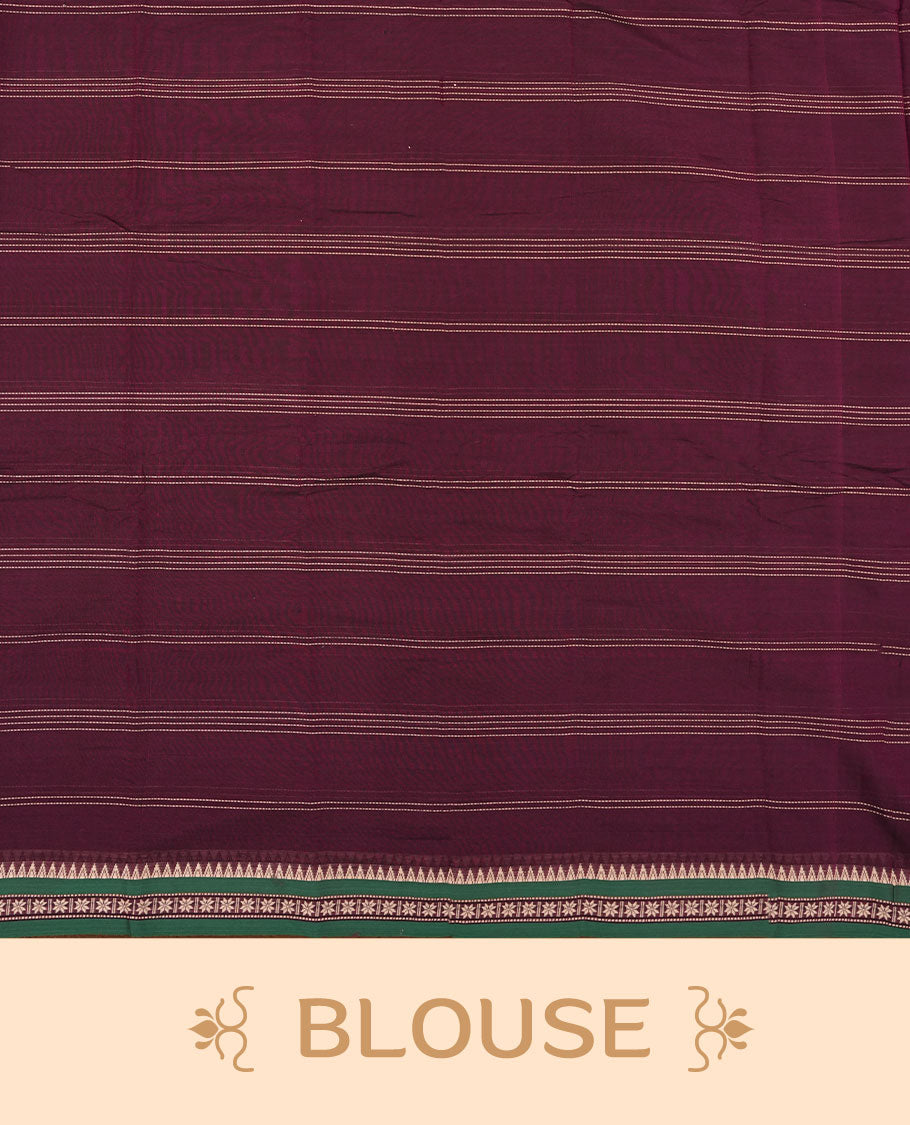 Maroon colour Narayanapattu cotton saree featuring a Cream colour striped pattern on body, contrast Green colour with cream zari border and pallu, pairing a matching blouse piece.