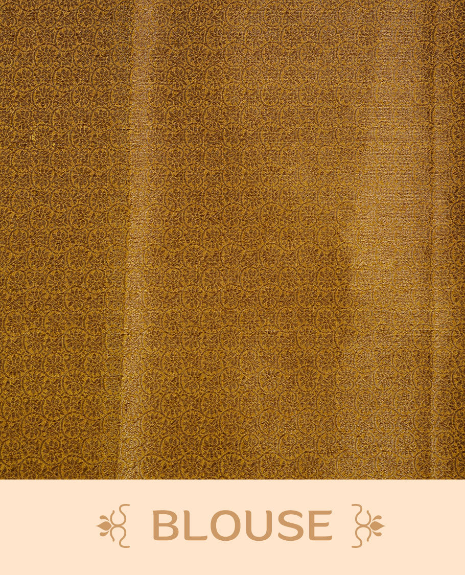 GoldenRod colour semi banaras tussar silk saree highlighting gold zari bird motifs on body, complemented by self colour with antique zari border, paired with matching blouse piece.