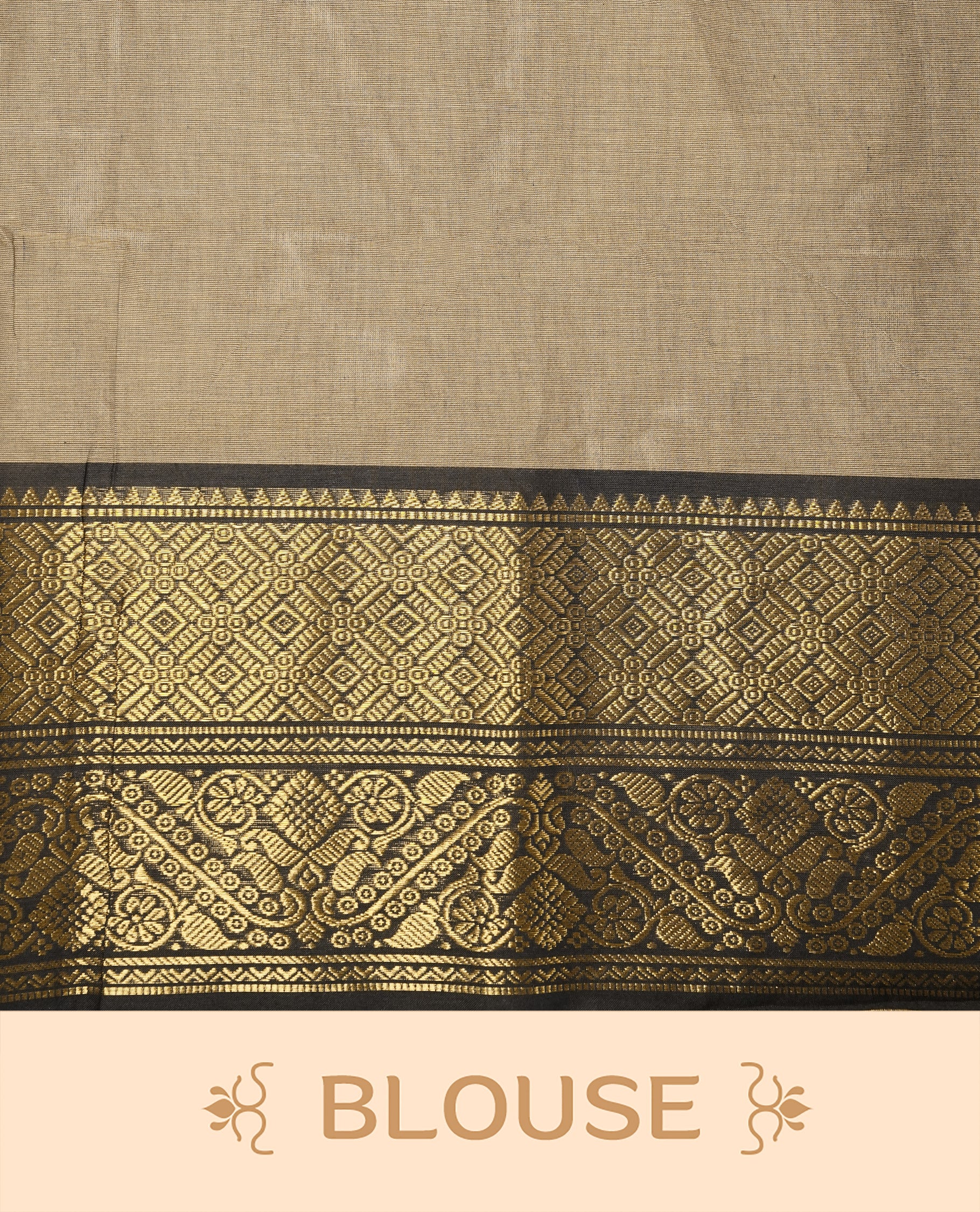 Grey Beige Colour chettinad cotton saree featuring Elegant plain body, complemented by contrast Black colour with gold zari border, paired with matching blouse.