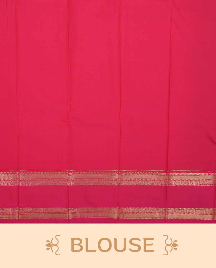 Dark green colour semi silk saree highlighting gold zari stripes and motifs across body, featuring contrast Pink colour border with gold zari pattern, comes with matching blouse.