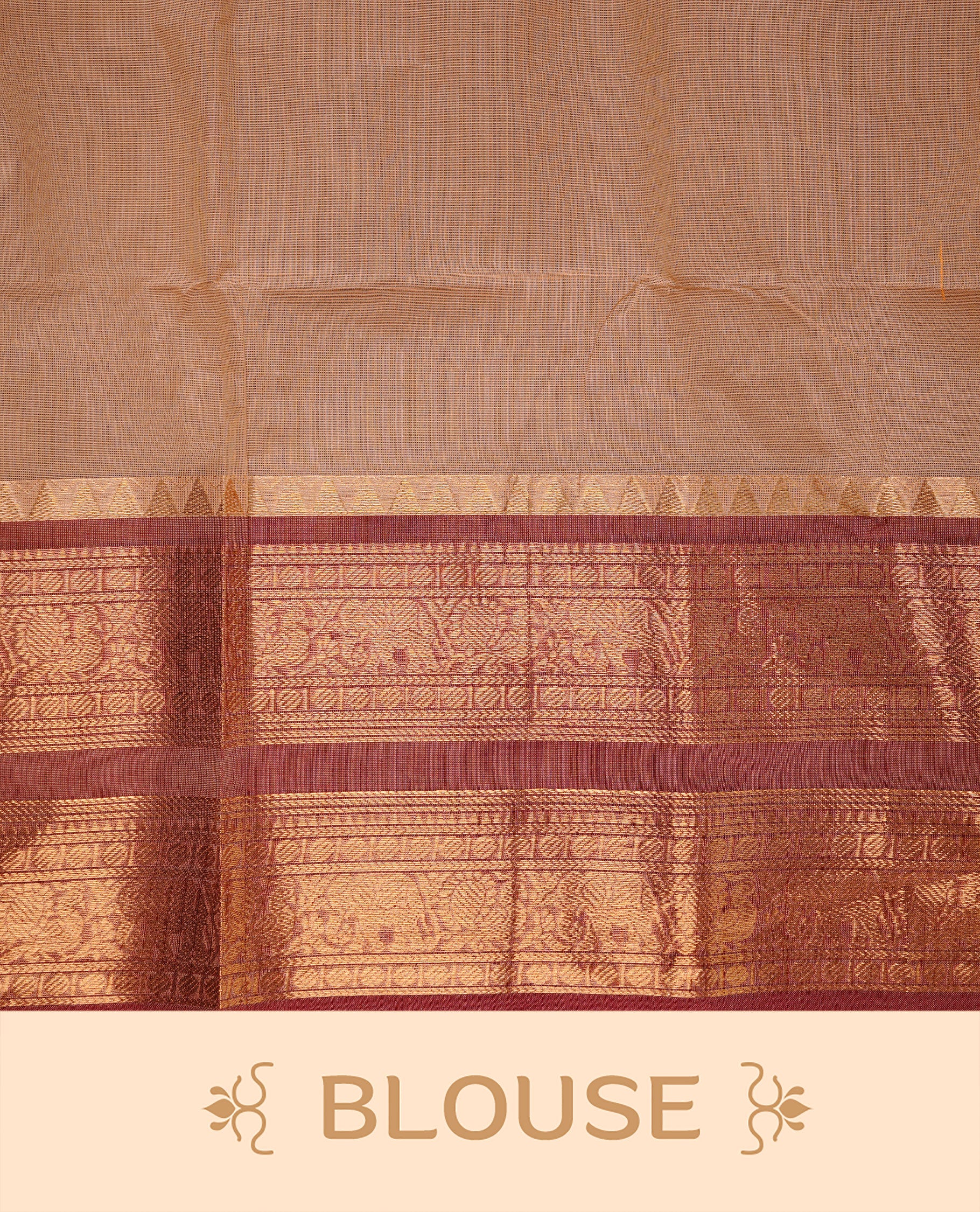 Sandalwood Colour Chettinad cotton saree featuring elegant plain body , complemented by contrast Brickred colour with traditional border, comes with matching blouse piece.