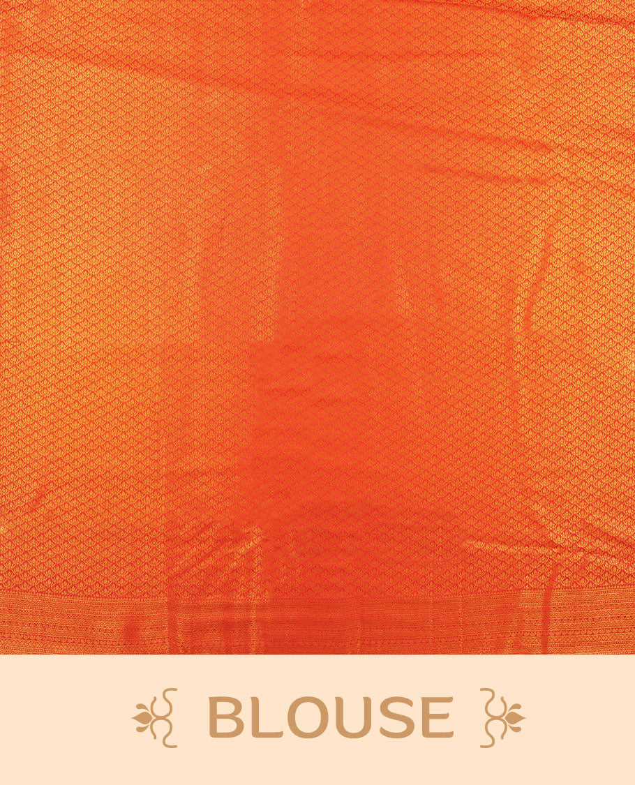 Lemon colour semi silk brocade saree featuring intricate Gold Floral Square kodi patterns across the body, complemented by a contrast red colour woven border and pallu, paired with a matching blouse.