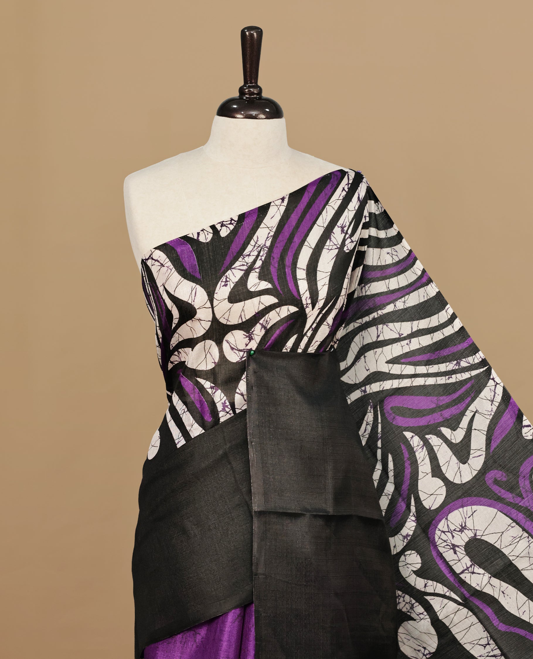 Purple With Black Colour Khadi silk saree Featuring Abstract Print Patterned & Curved Wave Like Line Detailed Body, Paired with matching blouse piece.