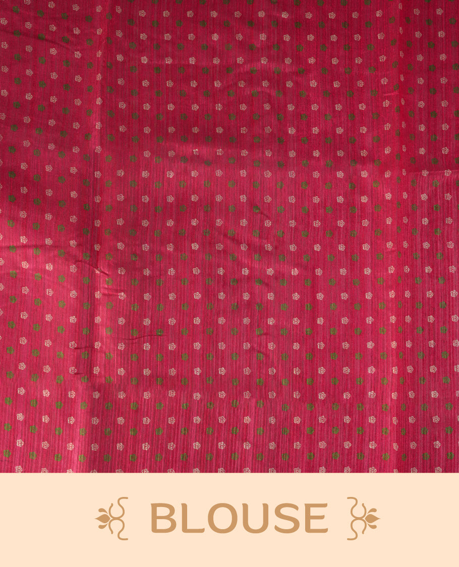 Magenta colour saree with elegant beige & green colour leaf & flower work and subtle texture & Paired with a matching blouse, its perfect for festive events, receptions, or traditional gatherings with a touch of grace.