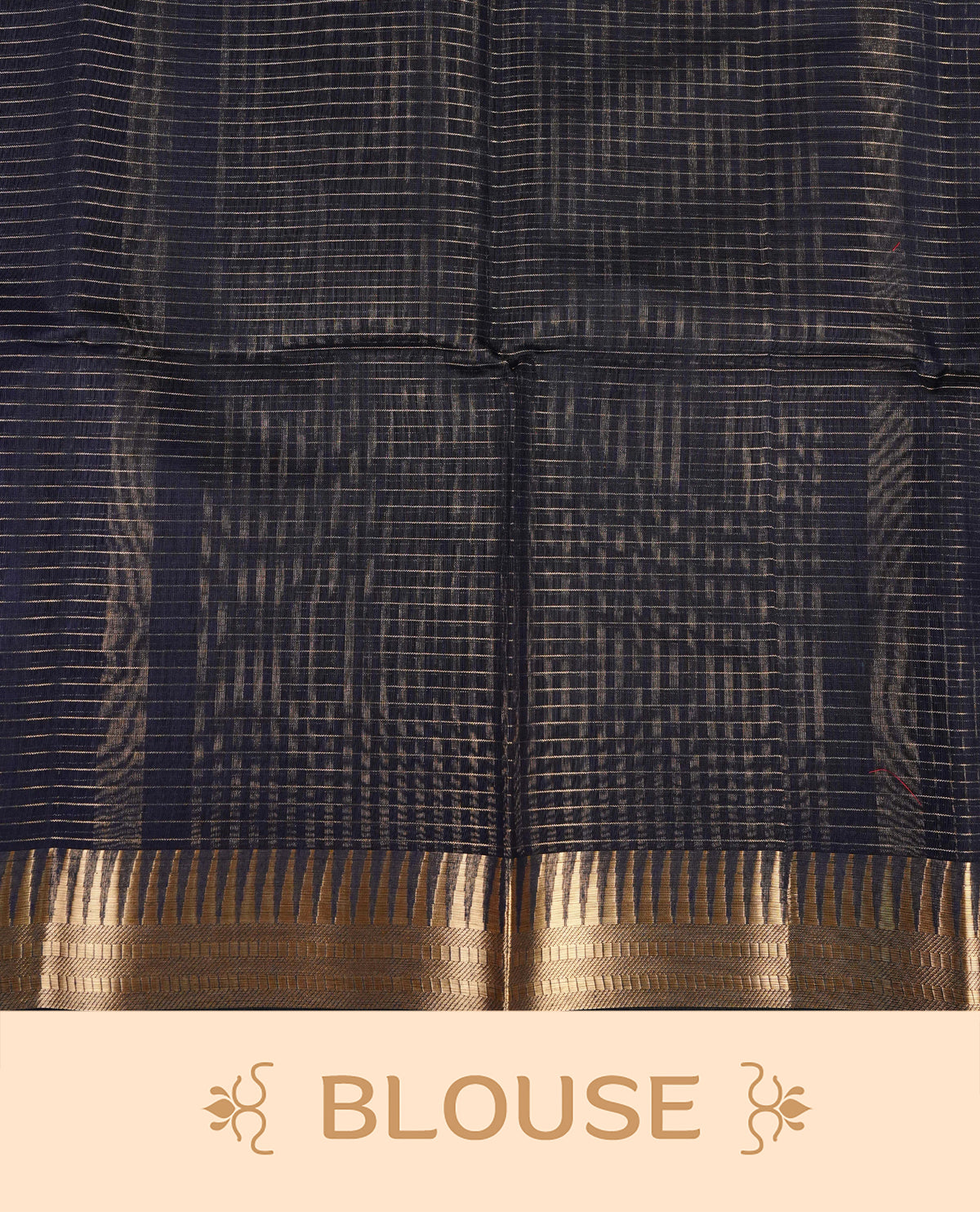 Black colour Maheshwari cotton saree, gold zari small checks on body, complement self colour gold zari temple design border comes with matching blouse.