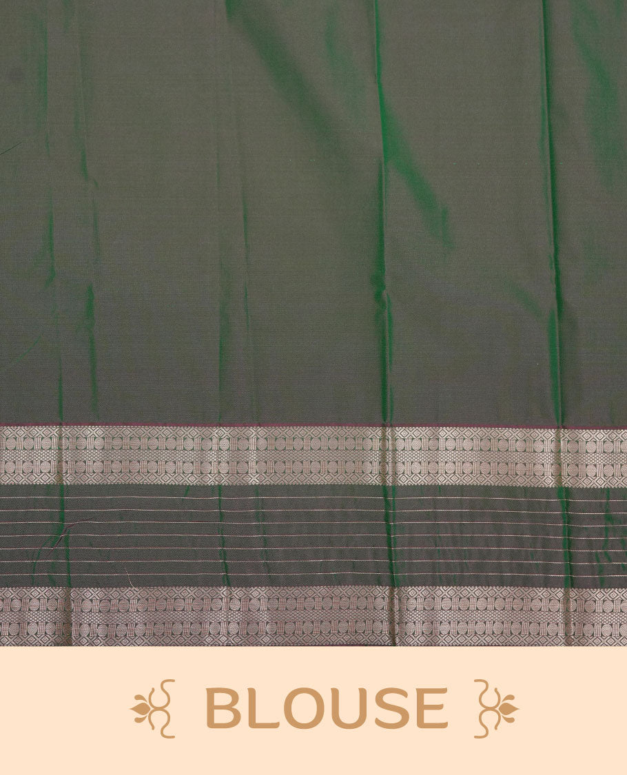 Lemon green colour soft silk sareee featuring rose gold zari check pattern on body, complemented by contrast dark green colour with zari border, paired with matching blouse piece.
