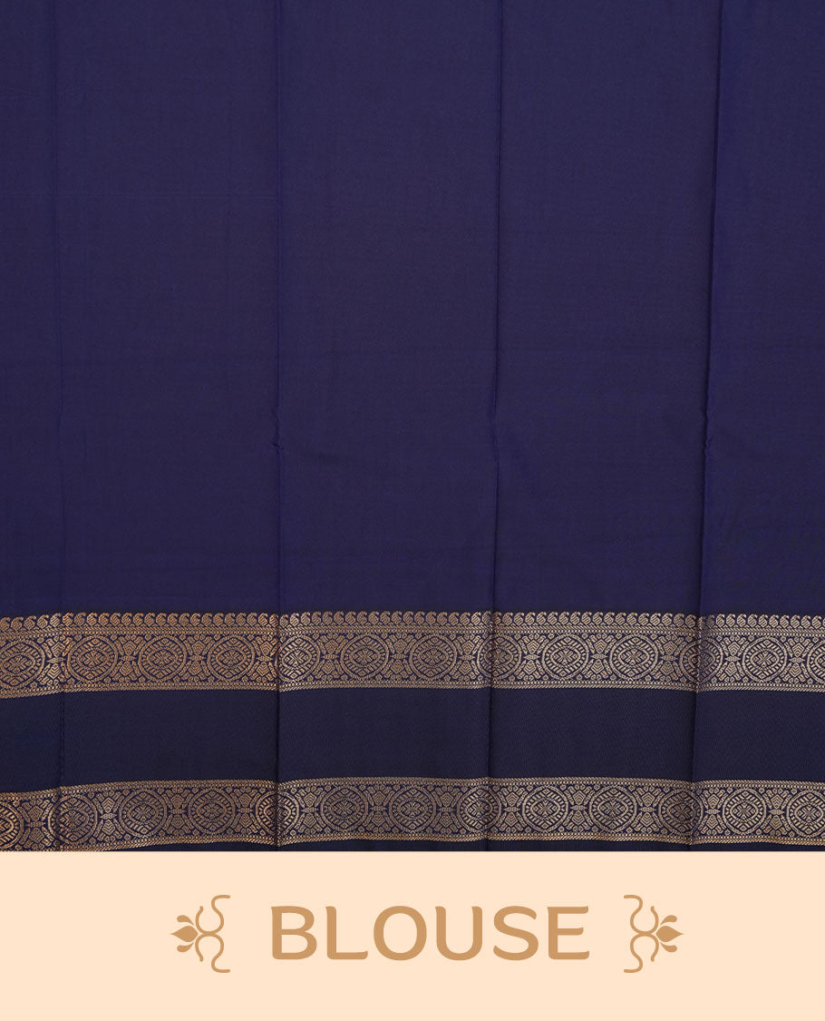 Mustard colour semi silk saree highlighting gold zari motifs across body, featuring contrast Dark blue colour border with gold zari pattern, comes with matching blouse .