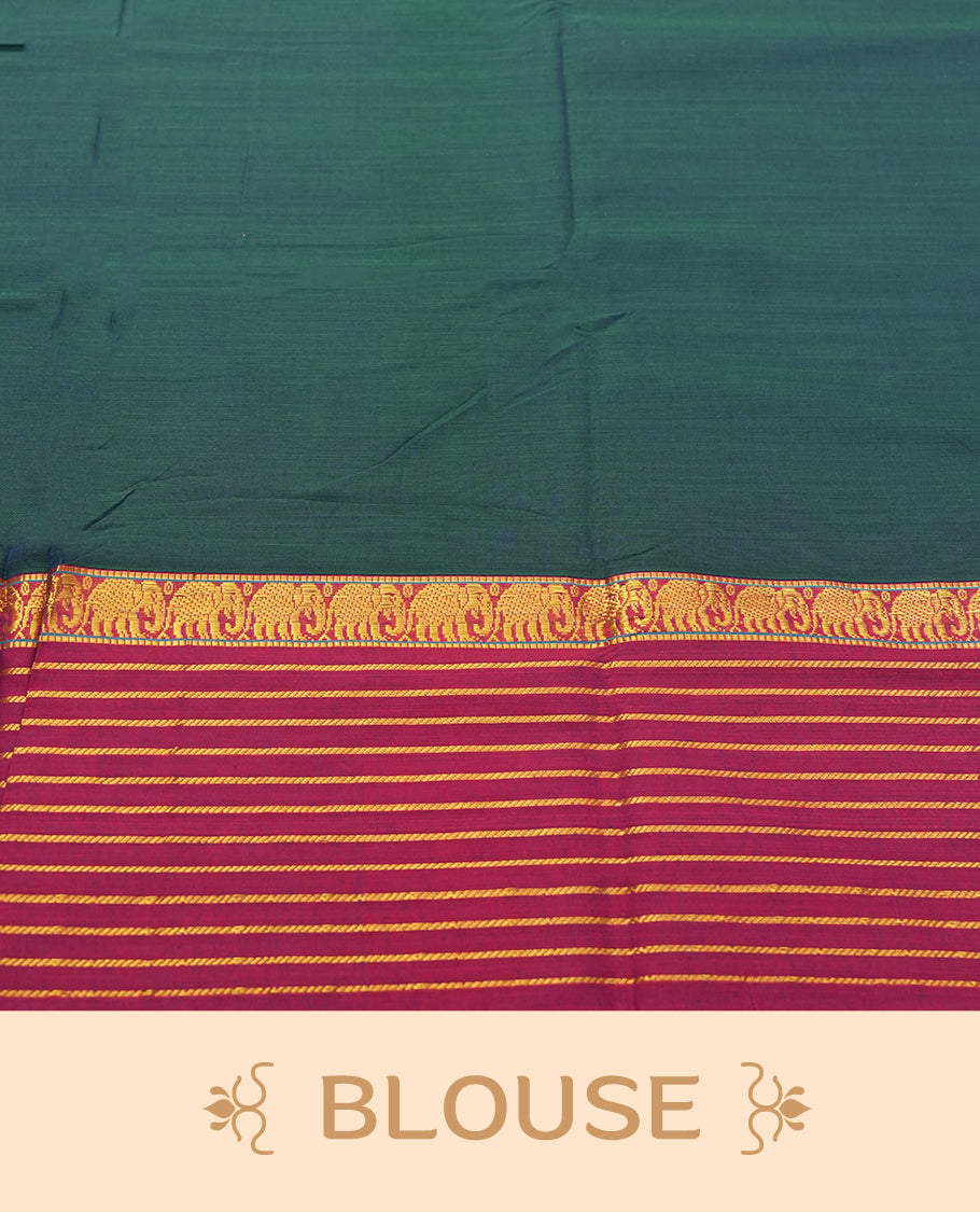 Peacock Blue colour Narayanapattu cotton saree featuring a self coloured body, maroon coloured with gold zari pattern border and gold striped colour pallu, pairing a matching blouse piece.