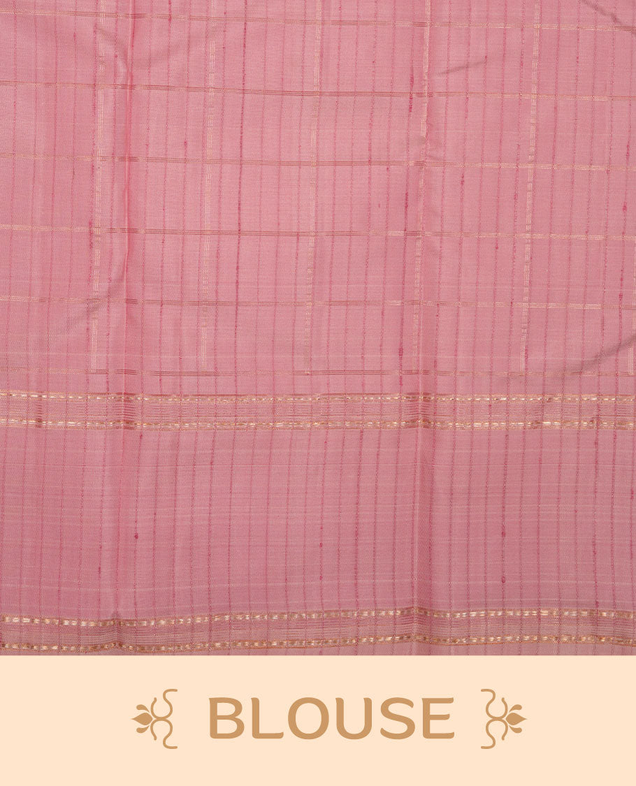 Dusty Pink colour pure traditional Kancheepuram silk saree adorned with gold zari Checks across the body, featuring simple borders, beautifully paired with a matching blouse piece.