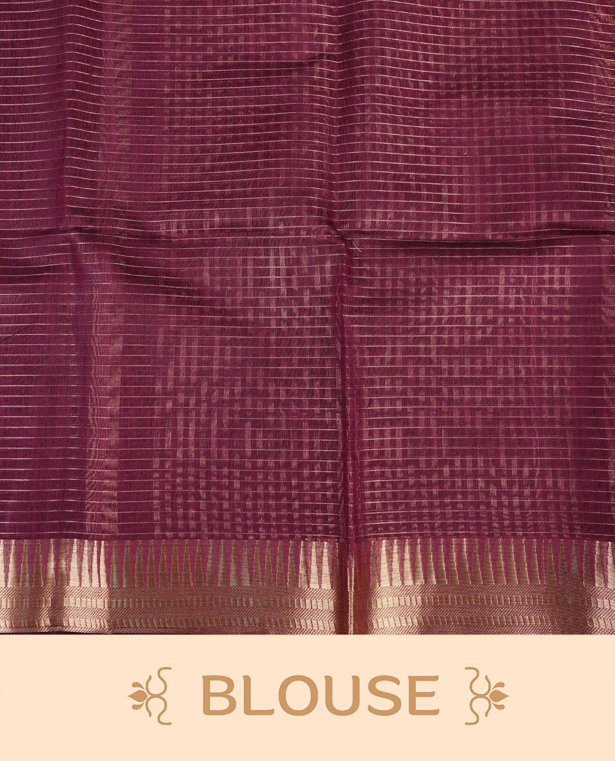 Wine colour Maheshwari cotton saree, gold zari small checks on body, complement self colour gold zari temple design border comes with matching blouse.