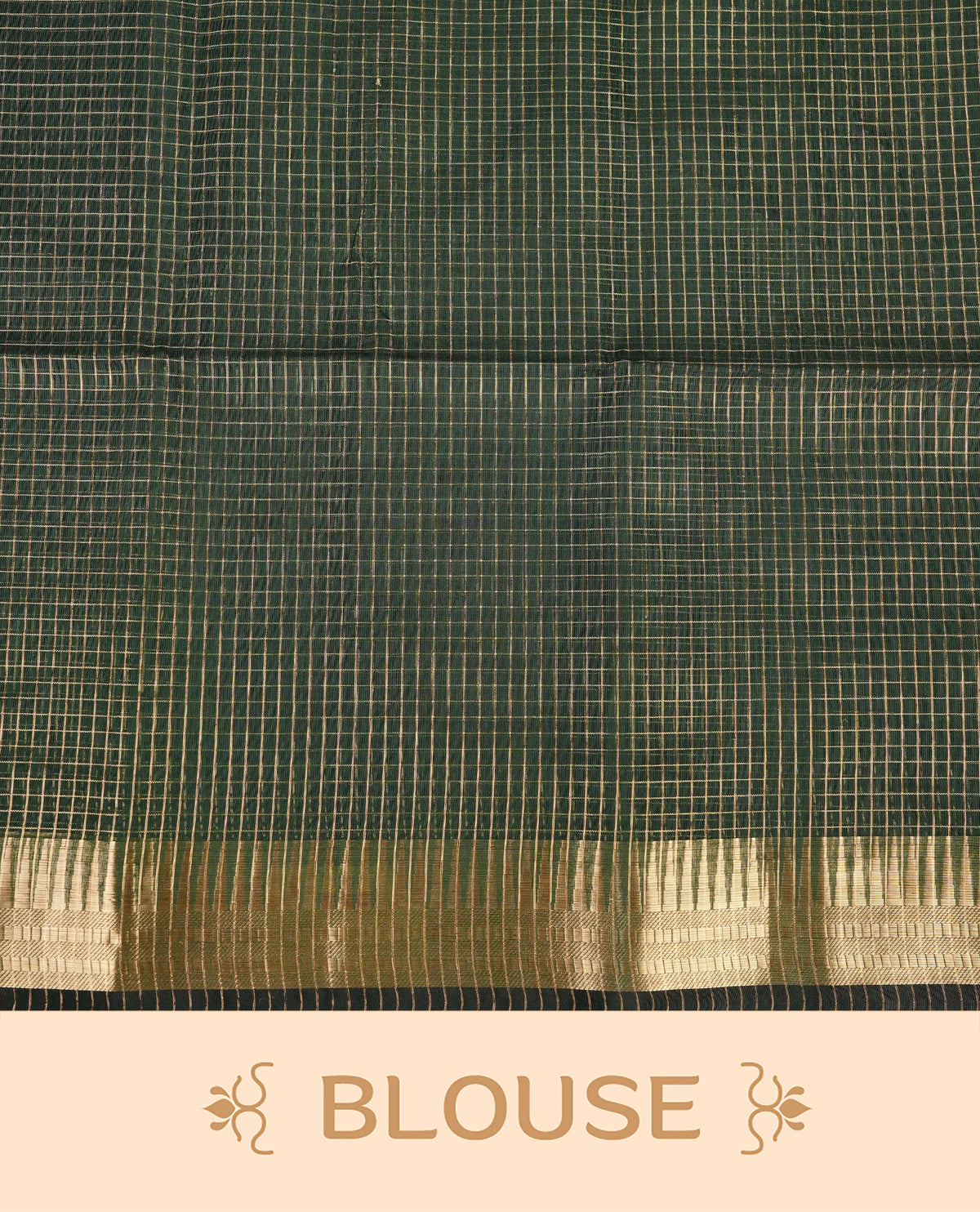 Bottle green colour Maheshwari cotton saree, gold zari small checks on body, complement self colour gold zari temple design border comes with matching blouse.