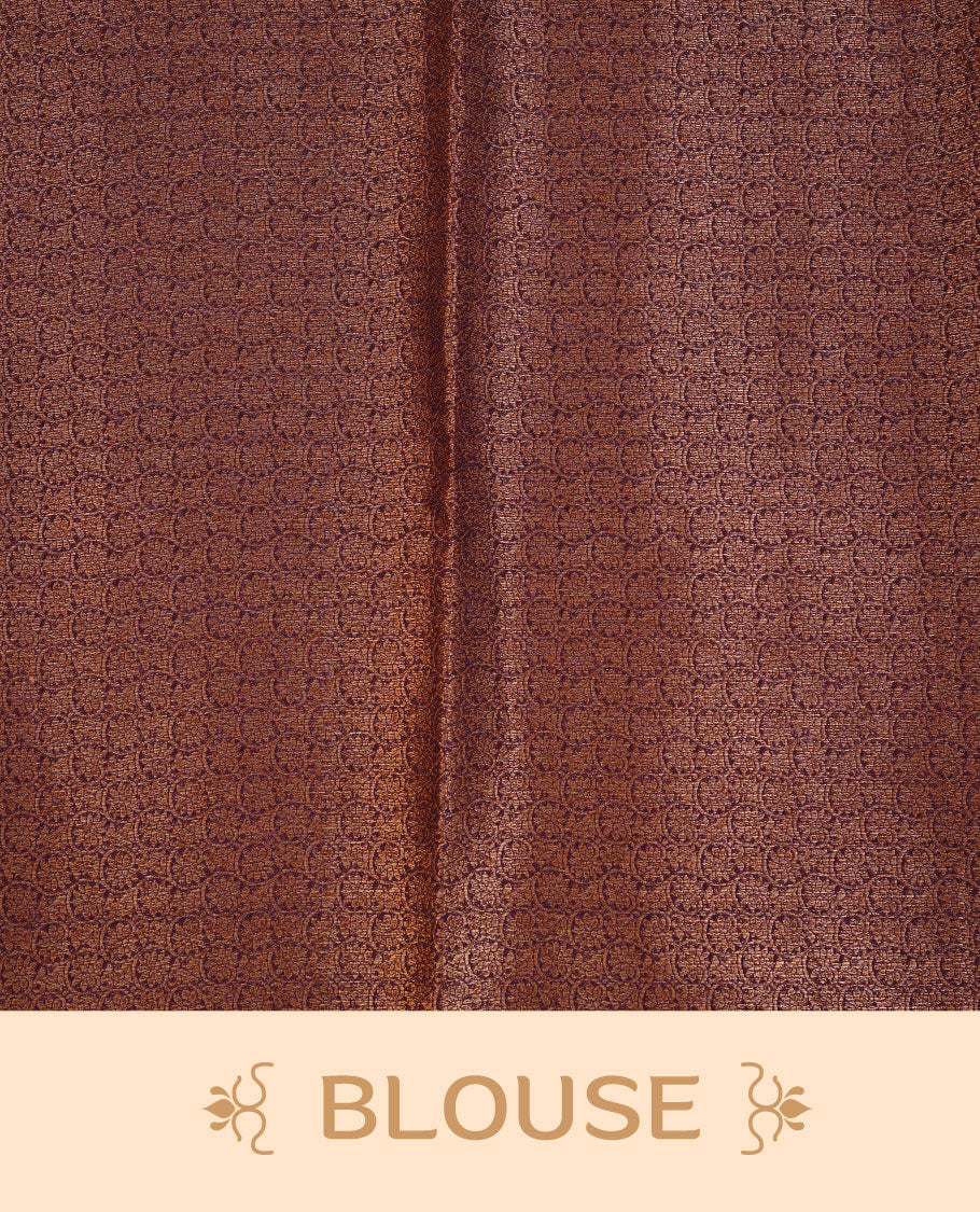 Purple colour semi banaras tussar silk saree highlighting gold zari bird motifs on body, complemented by self colour with antique zari border, paired with matching blouse piece.
