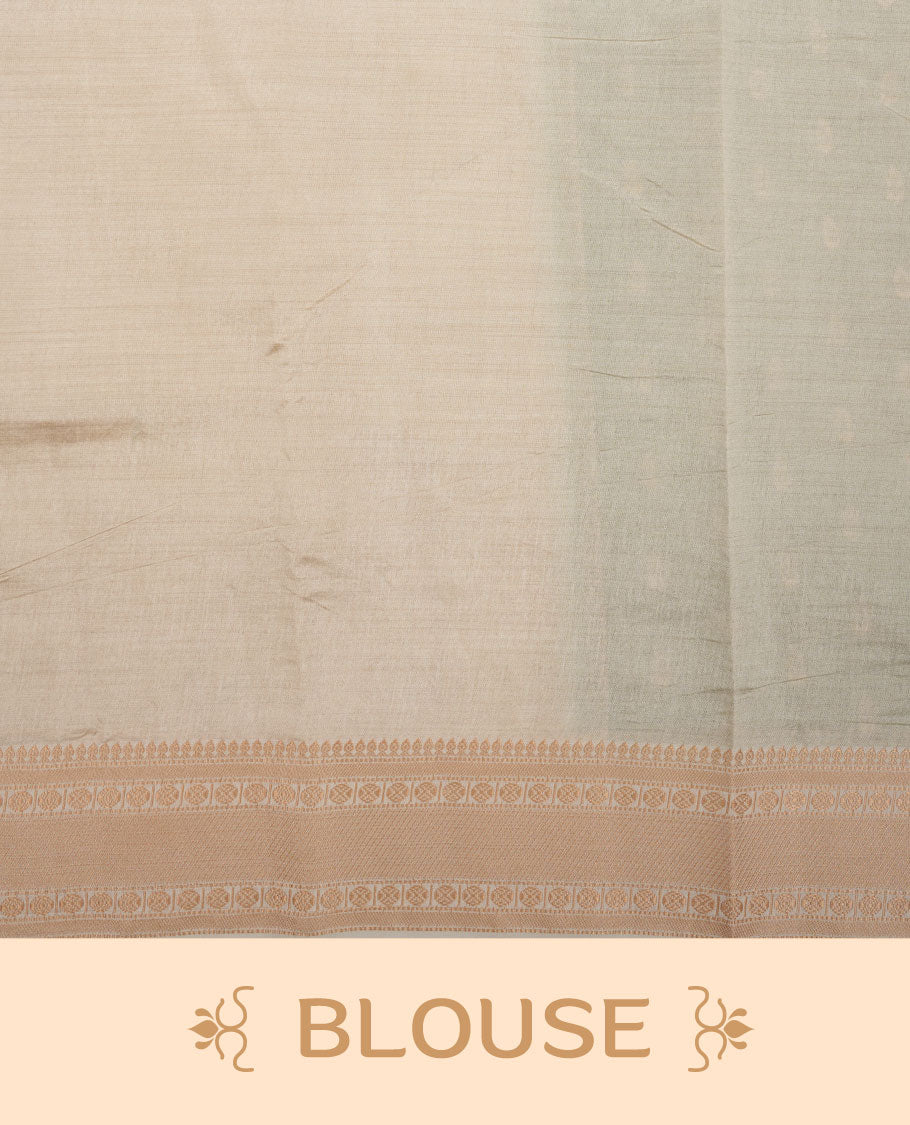 Teal colour semi tussar saree featuring gold zari buttas across body, contrast grey colour gold zari border and comes with matching blouse piece.