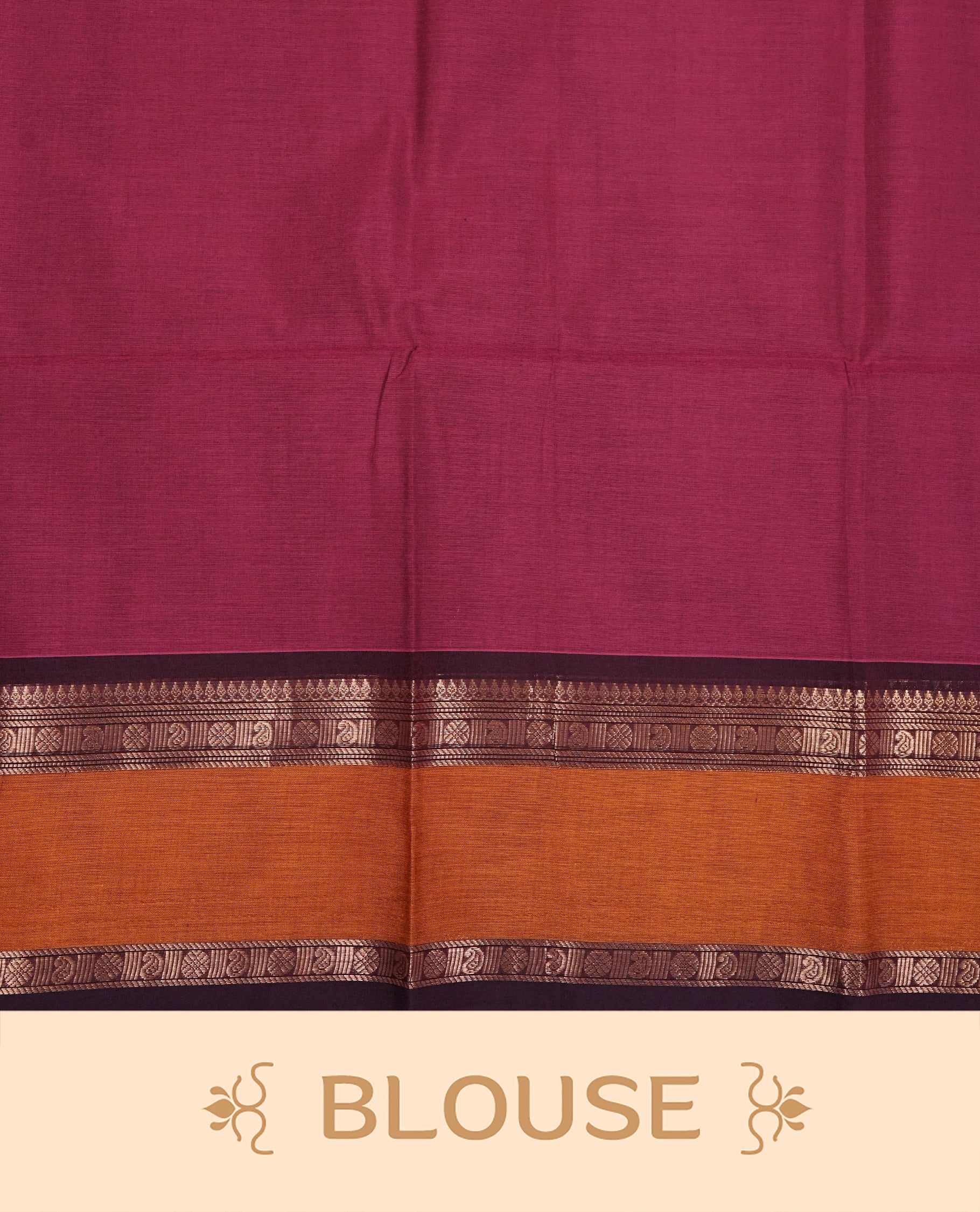 Magenta Colour Chettinad Cotton Saree Featuring Gold Zari Mango Motifs on the Body, Complemented by a Contrast Dark Wine & Mustard Yellow Colour Border with Gold Zari Design and a Contrast Grand Gold Zari Pallu, Paired with a Matching Blouse Piece.