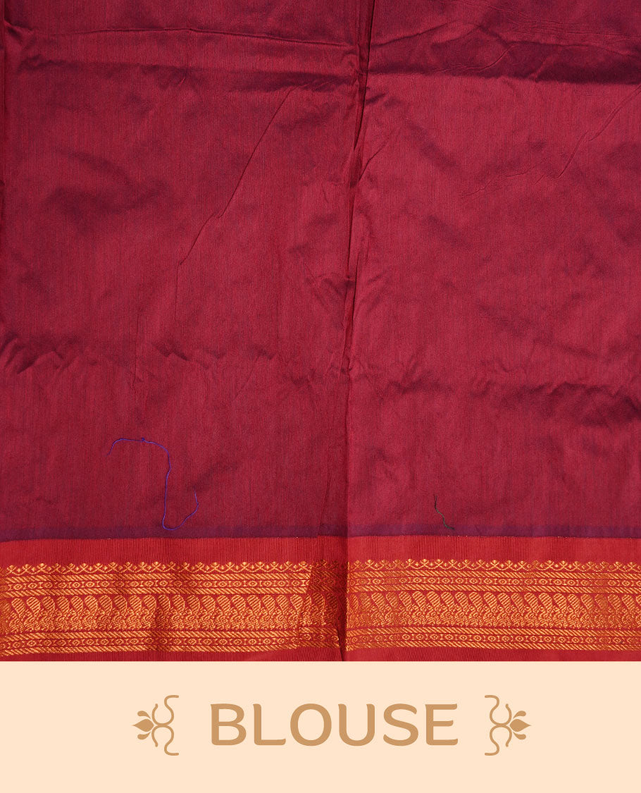 Indigo colour kalyani cotton saree featuring antique zari motifs on body, complemented by Maroon colour with Antique zari border, paired with matching blouse piece.