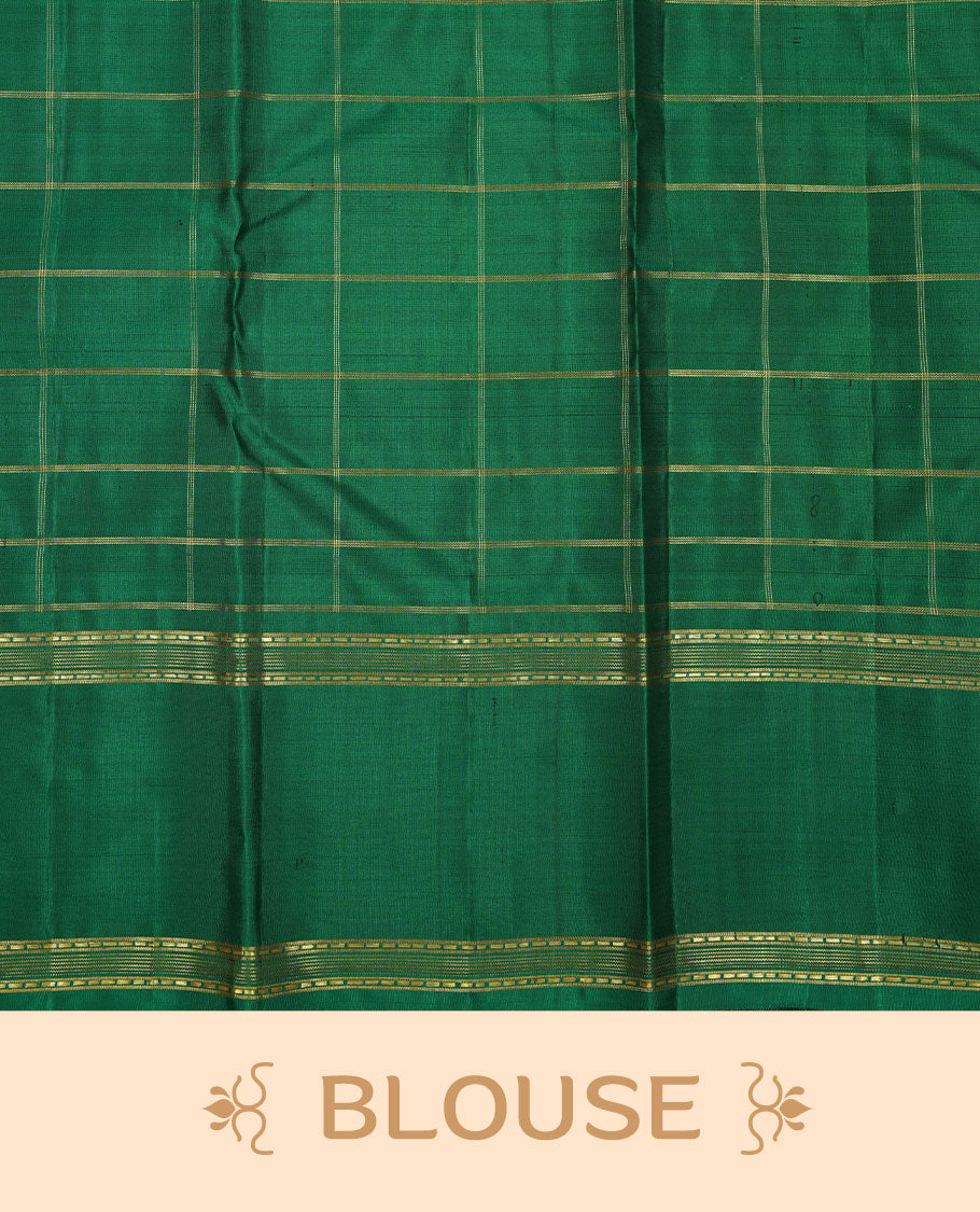 Maroon colour pure traditional Kancheepuram silk saree adorned with an elegant zari check pattern across the body, complemented by a contrast zari woven border, paired with a matching blouse piece.