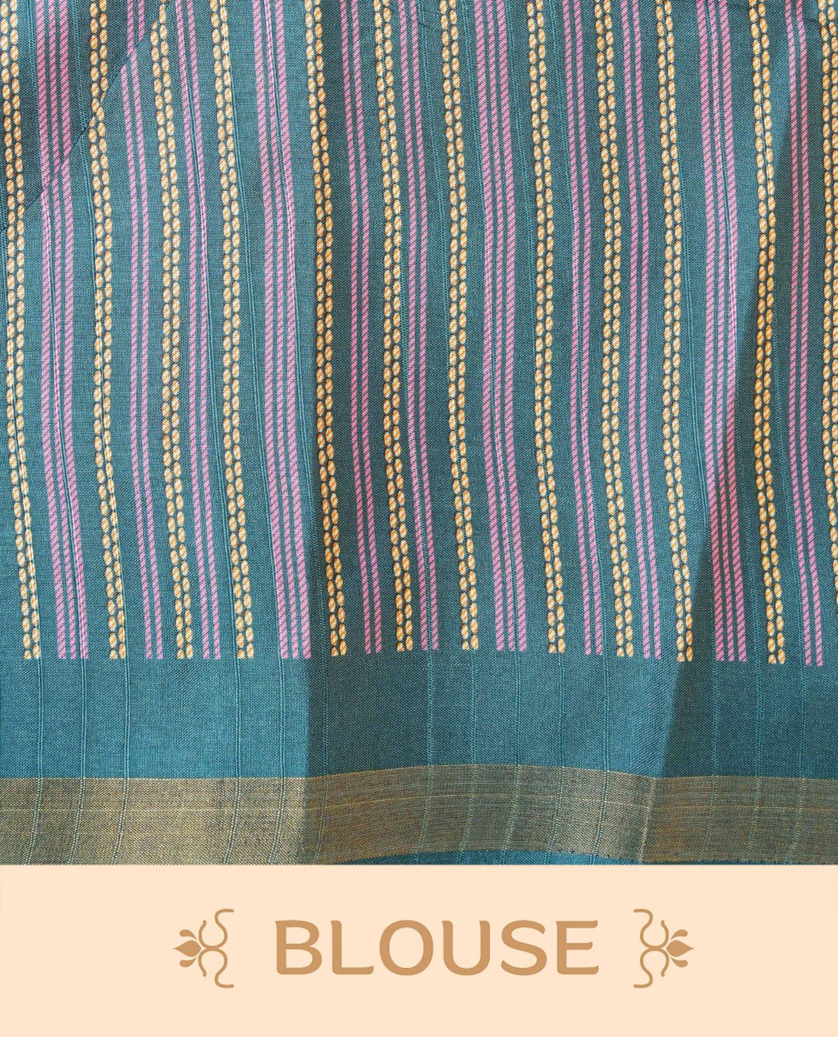 Pink and Dark Green Colour Kattan silk saree featuring buttas all over the body, a temple-designed border & a contrasting striped pallu with tassels. Paired with a matching contrast-striped blouse piece.