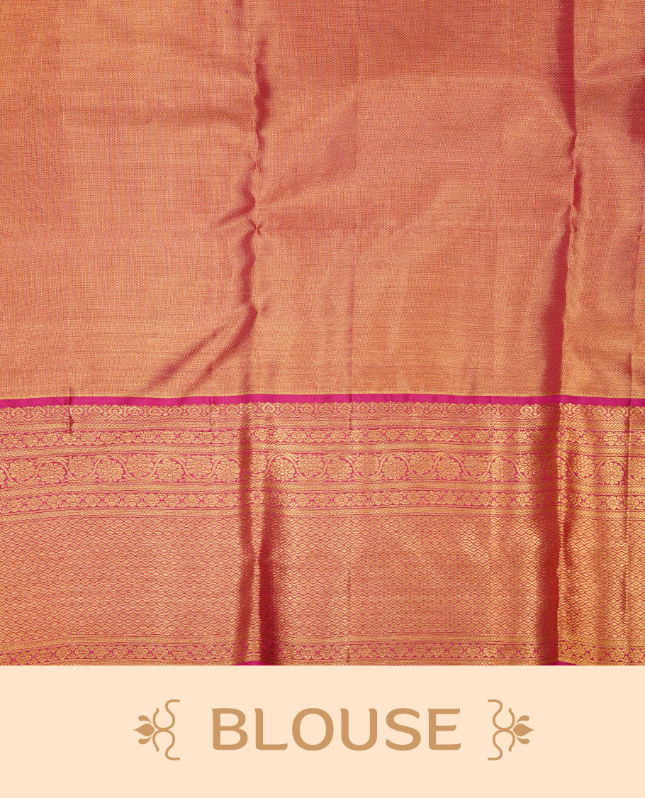 Gold & Magenta double shade colour kancheepuram tissue silk saree featuring gold zari floral kodi pattern on body, complemented by contrast magenta colour with traditional border, paired with matching blouse piece.