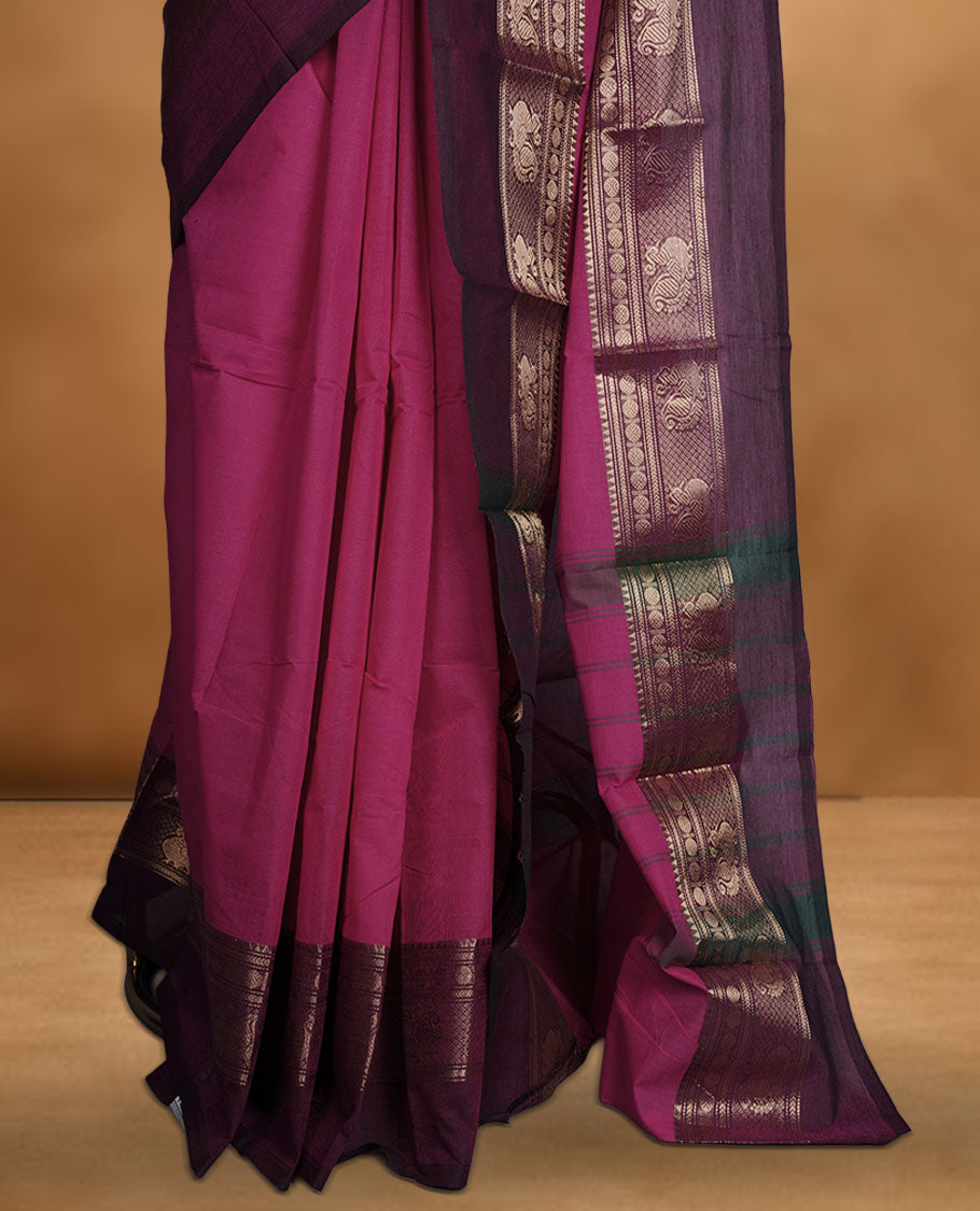 Rani Pink colour chettinad cotton saree featuring plain body, paired with a rich maroon traditional gold zari border without blouse.