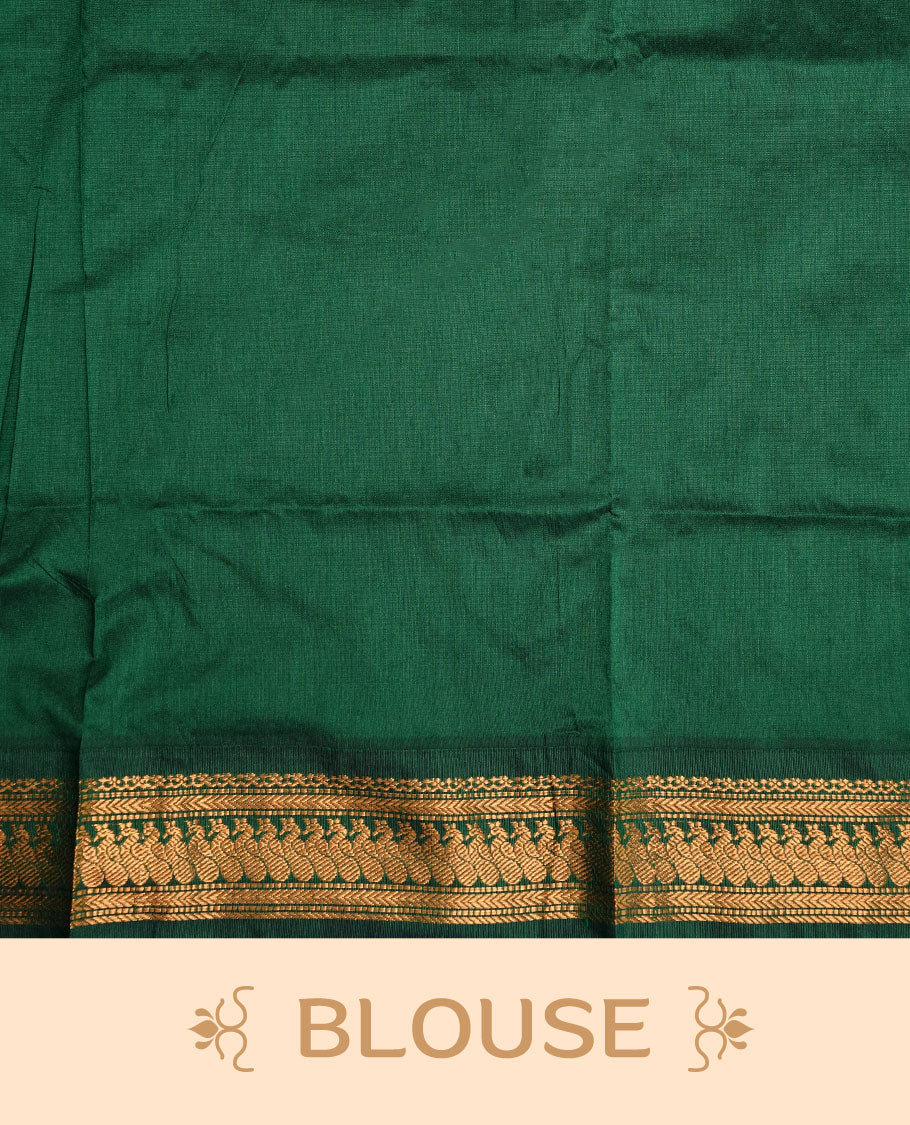 Red colour kalyani cotton saree featuring antique zari motifs on body, complemented by green colour with Antique zari border, paired with matching blouse piece.