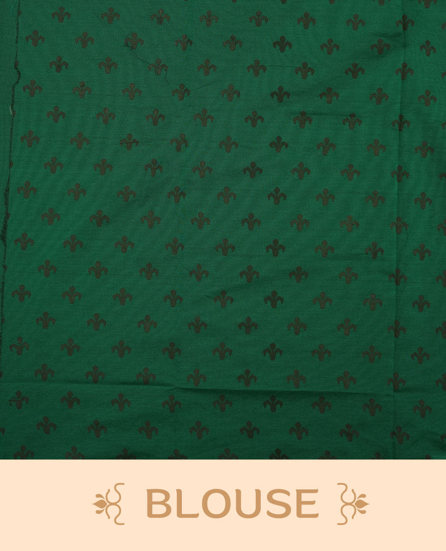 Dark Green colour poly cotton saree with black vertical dotted line pattern on the body, paired with a matching pallu featuring black zigzag geometric border, and a coordinated all‑over black stylised fleur‑de‑lis printed blouse piece.