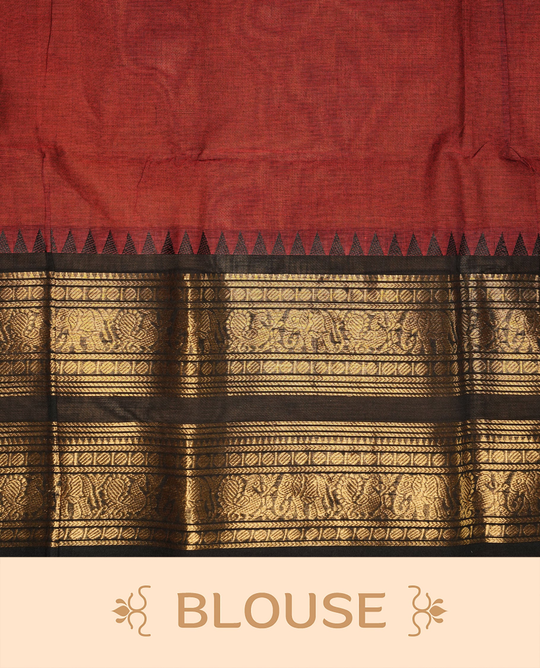 Red colour Chettinad cotton saree featuirng Elegant Plain body, complemented by contrast black colour with gold zari border, paired with matching blouse piece.